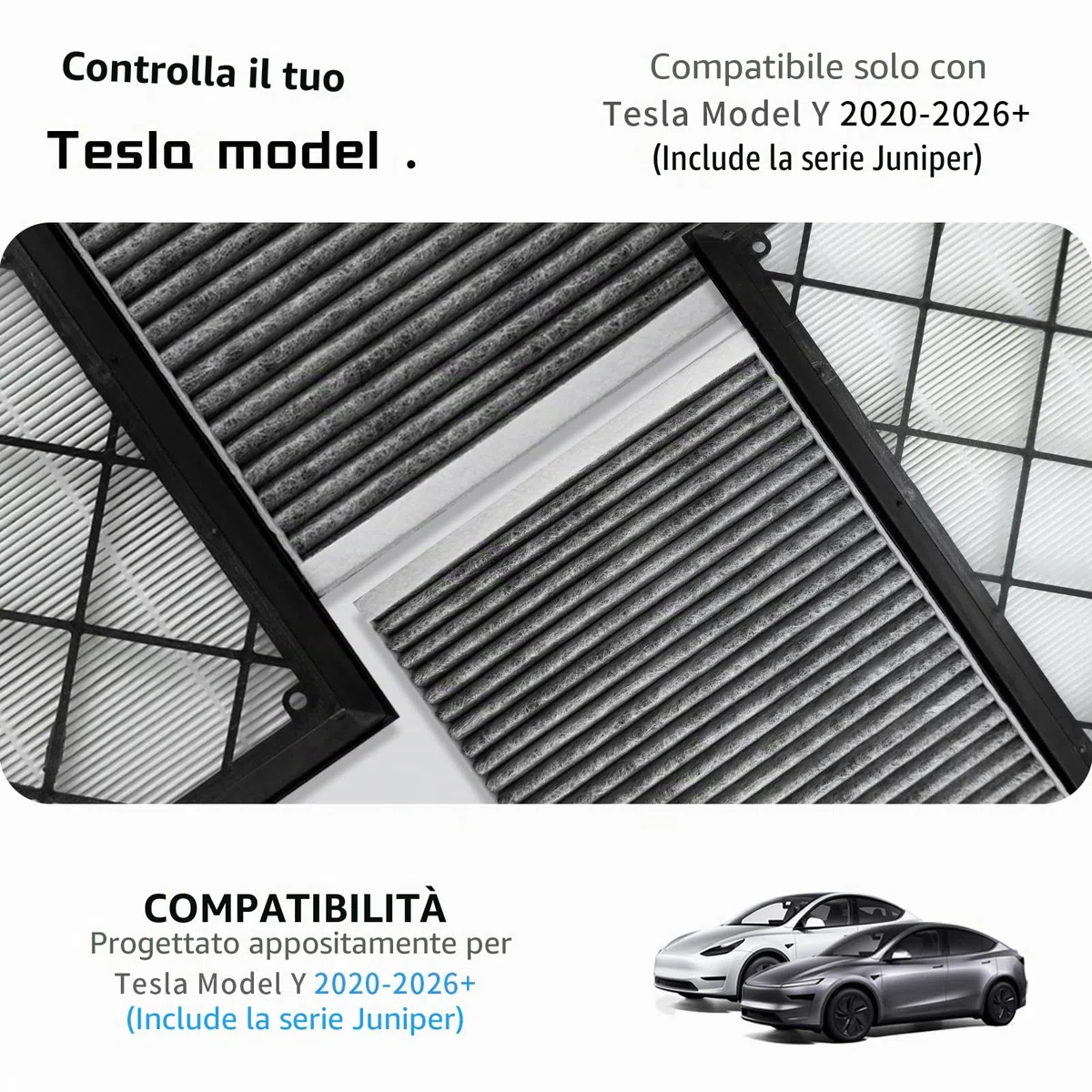 Kit Filtro HEPA + a Carboni Attivi per Tesla Model Y Sostituzione del Condizionatore d'Aria dell'Abitacolo con Carbone Attivo 2020-2025, 2026, Accessori Juniper (Confezione da 4)