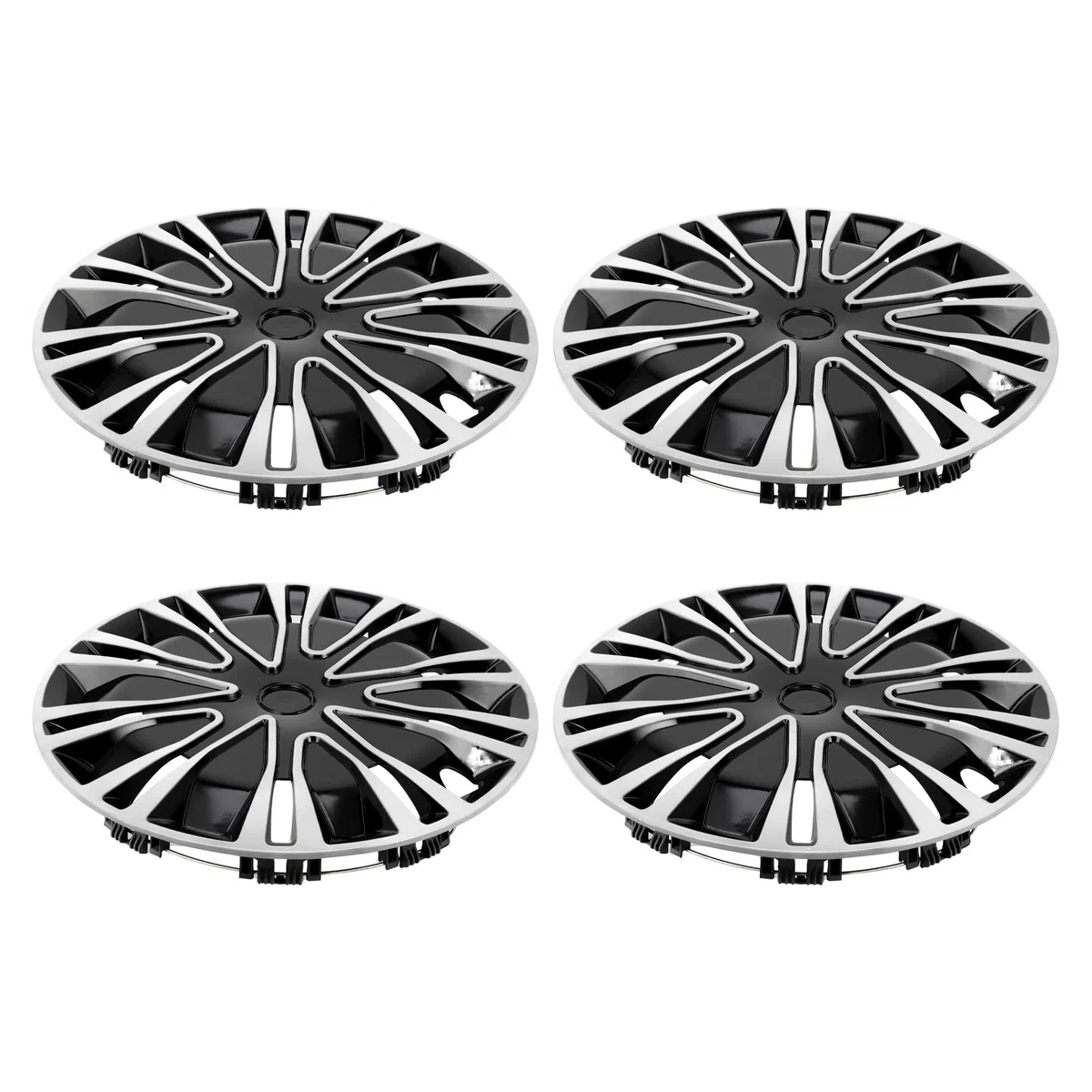A ABSOPRO Copricerchi 15 Pollici Argento Nero 4 Pezzi Plastica Decorativo | Altezza 5 Cm. Adattamento Universale. Non Adatto Per Cerchi In Lega. Stile Elegante.