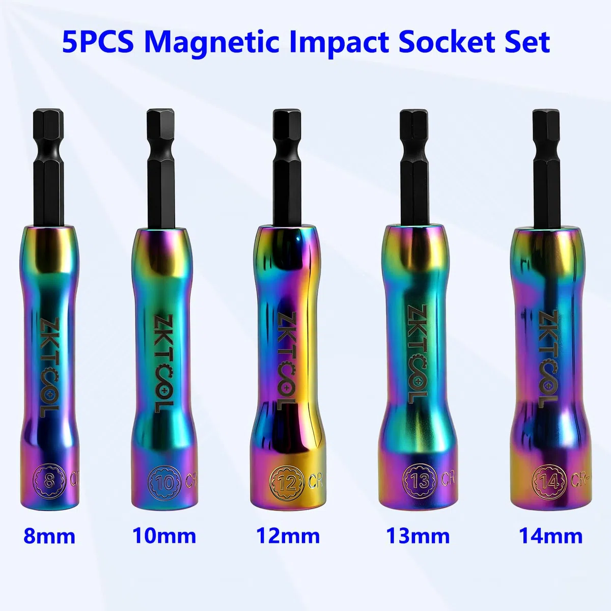 ZKTOOL 5 Pezzi Set di Bussole Magnetiche a Impatto | Adattatore per Bussola per Cacciavite con Attacco Esagonale da 1/4", Bussola da 8-14 mm con Molla Retrattile Integrata