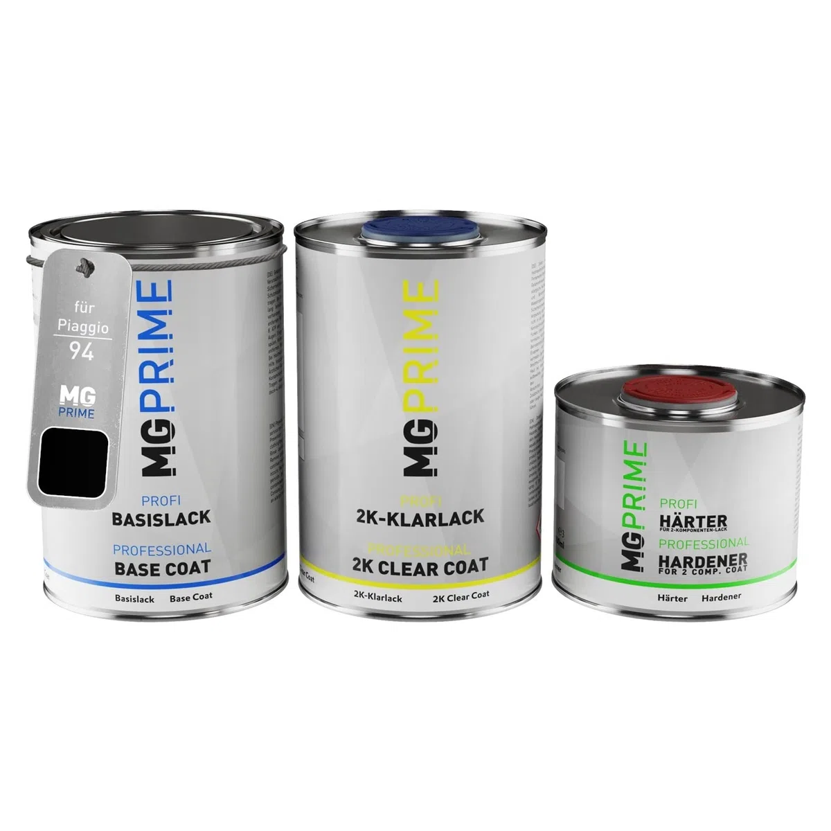 MG PRIME Barattoli di Vernice per auto per Piaggio 94 / NN Nero Lucido 2,5L | Schwarz Lucido, Kit vernice di base + trasparente 2K + indurente, pronto all'uso