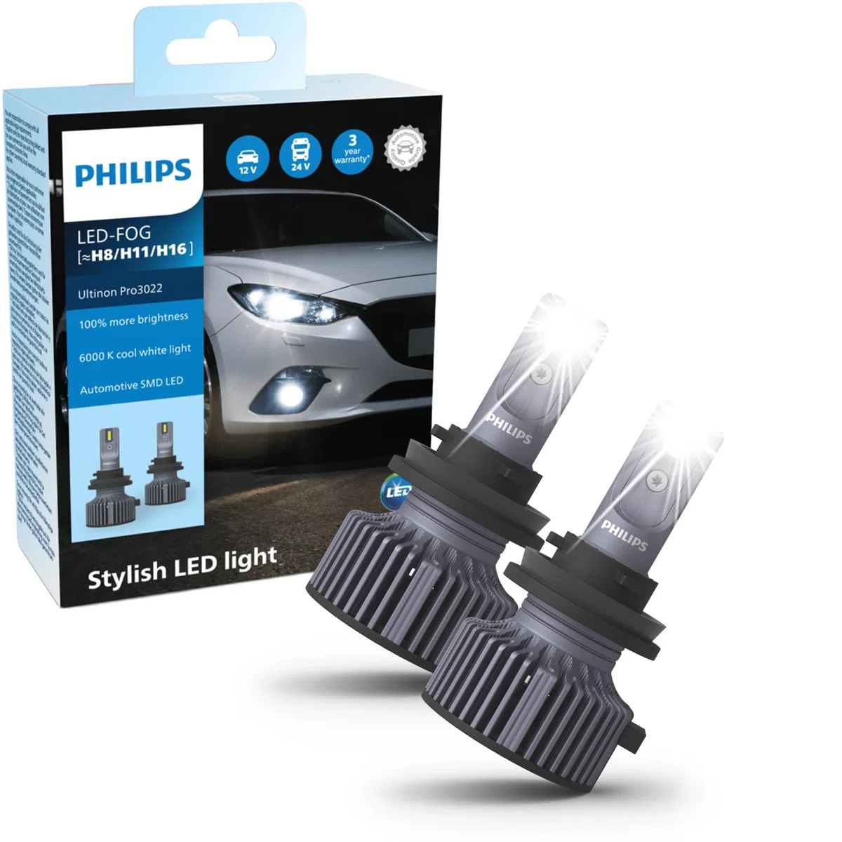 Philips Ultinon Pro3022 LED lampadina fari auto (H8/H11/H16), +100%, luce bianca fredda da 6.000K, confezione doppia