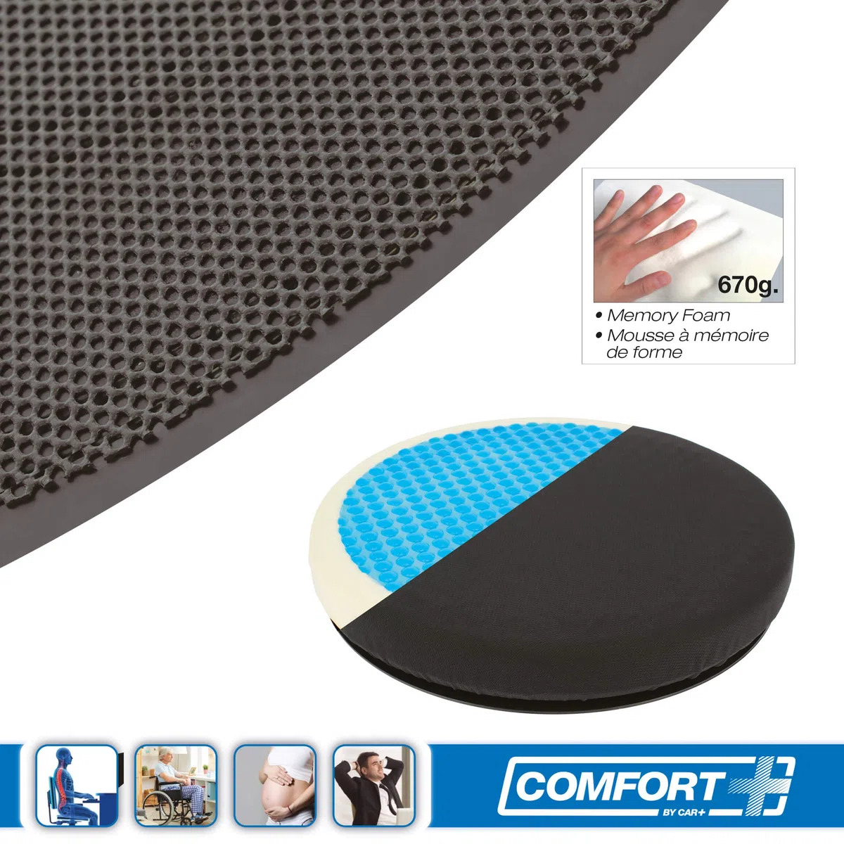 S SUMEX RK19009 - Cuscino rotondo girevole a 360 gradi, con gel e memory foam per auto, ufficio e tutti i tipi di sedili,