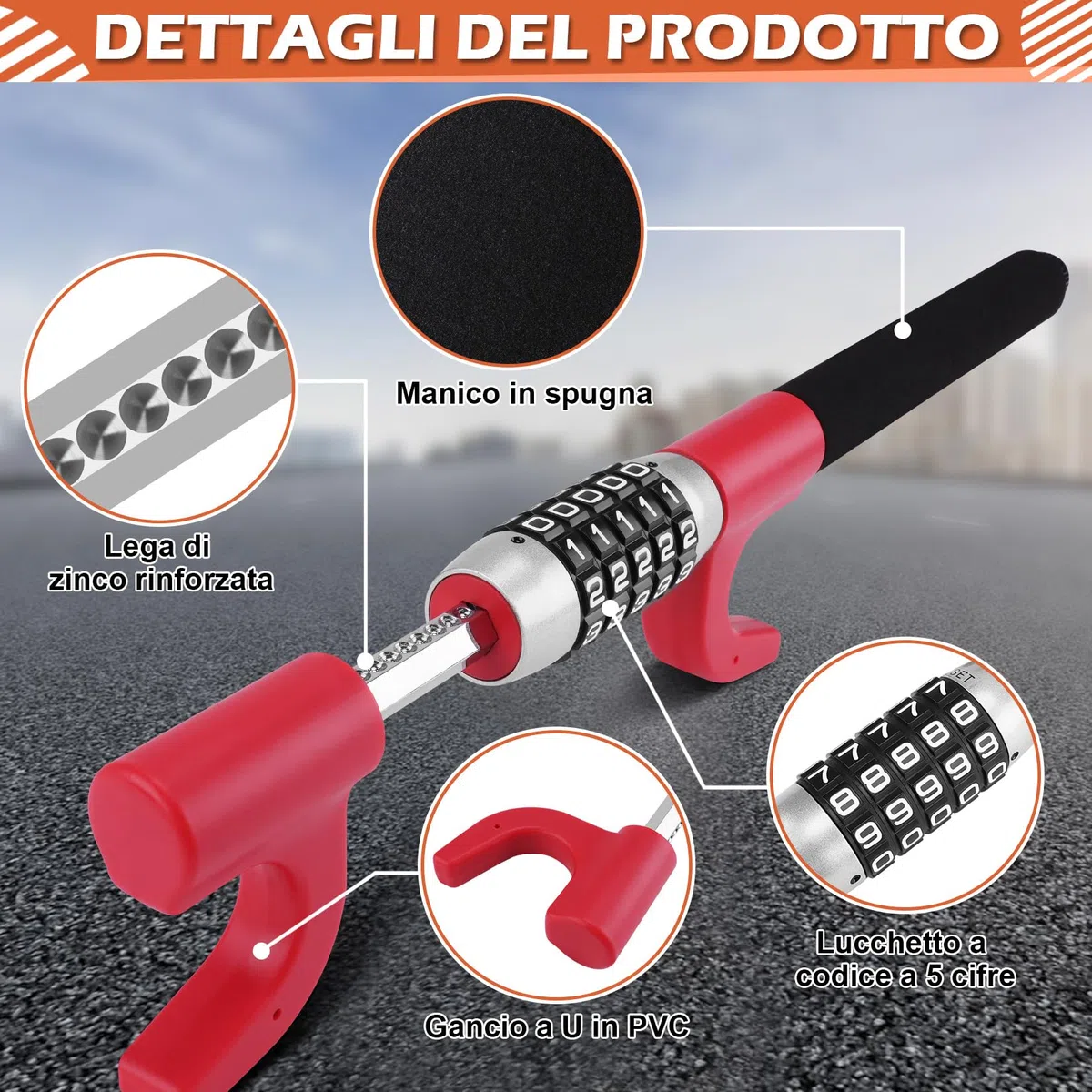 Tevlaphee Antifurto Auto Blocca Sterzo Automobile Bloccasterzo Auto Universale Sicurezza (Rosso)