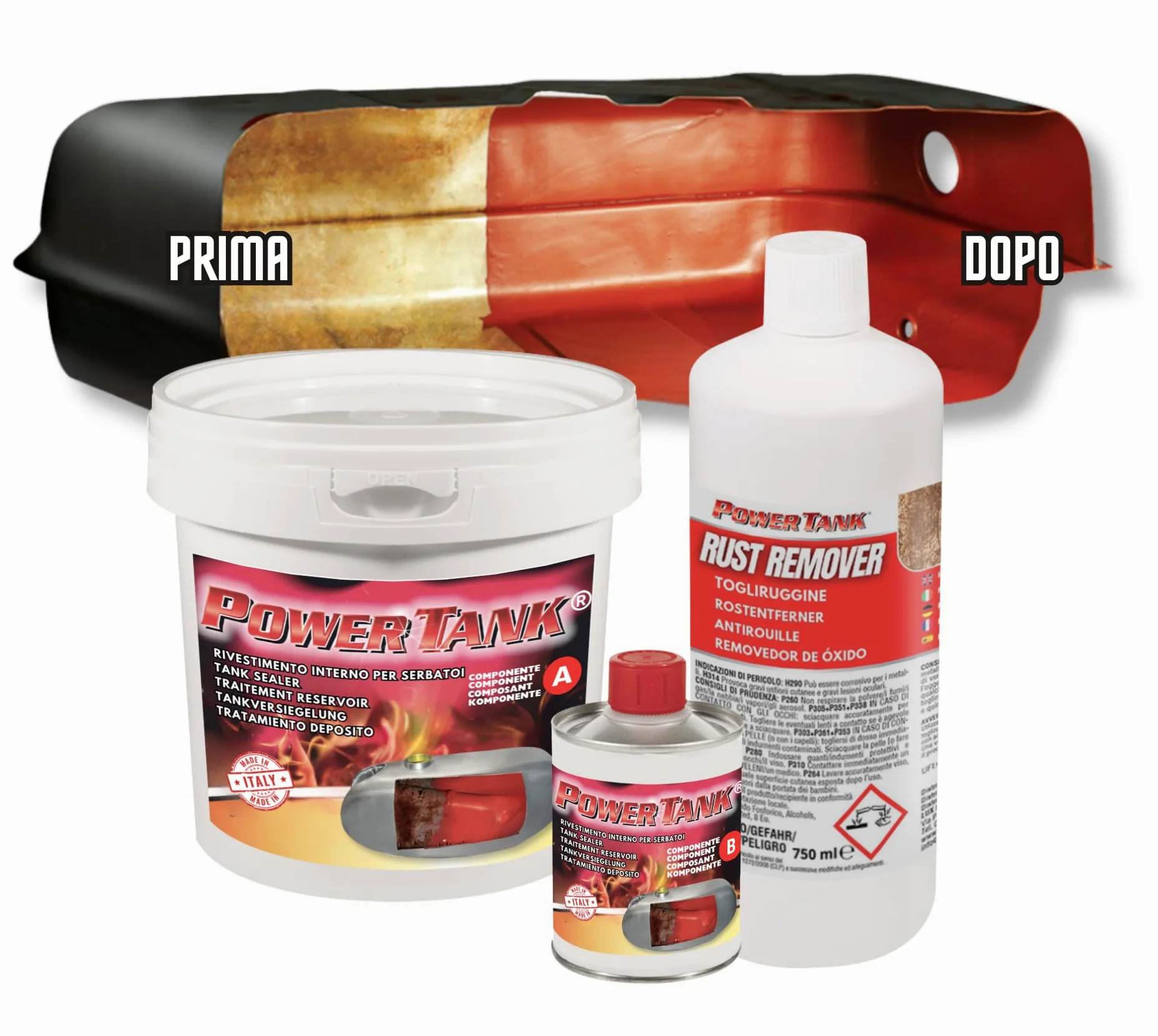 POWER TANK Trattamento Serbatoio Moto Auto (100/120 Litri) Kit Very big 2,5 kg per interno Serbatoi benzina Diesel Gasolio Elimina la Ruggine Ripara Protegge Arrugginito Vespa d'Epoca con Antiruggine