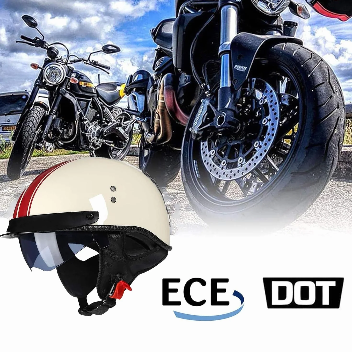 Mezzo Casco Jet Caschi Moto Retrò Casco Scodella Portatile, ECE Omologato Mezzo Elmetto da Moto Retrò con Pare-soleil Rétractable per Uomo Donna Biker Cruiser Scooter Touring(2,M(57~58CM))