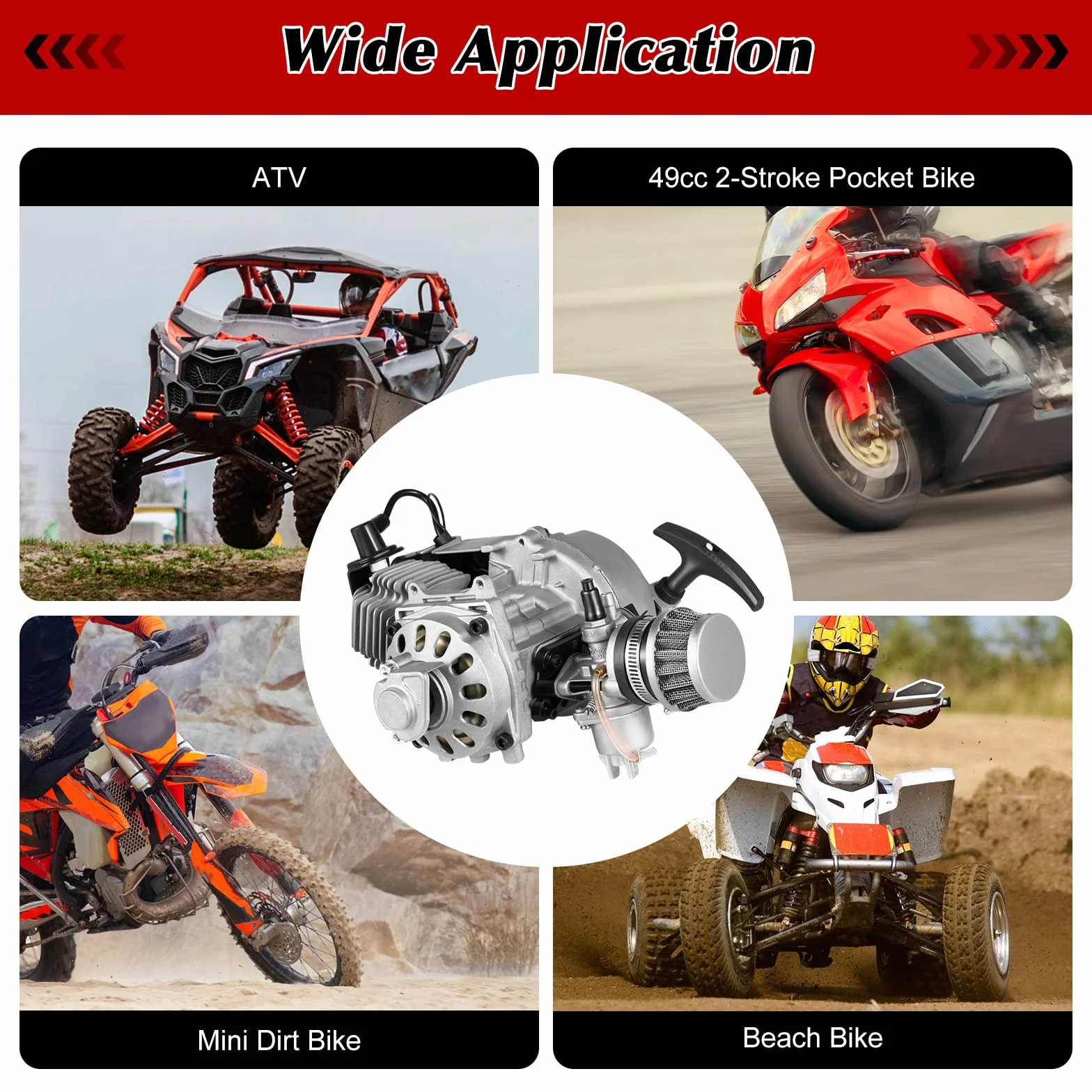 Kit motore da bicicletta a 2 tempi 49 CC Mini Dirt Bike Motore Bicicletta Benzina Bike Mini Motore Singolo Cilindro Raffreddamento ad Aria ATV Scooter Motore per Pocket Bike Beach Bike
