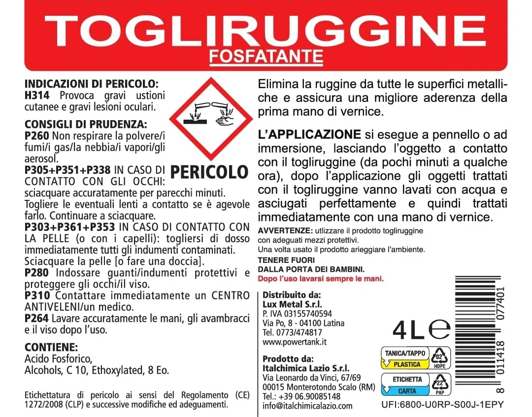 2 Togli Ruggine 4 Litri Potente Antiruggine Convertitore Ruggine con Acido Fosforico Rimuovi Elimina Sciogli Ruggine dal Metallo Antiruggine Convertiruggine per Ferro Rust Remover Auto Moto