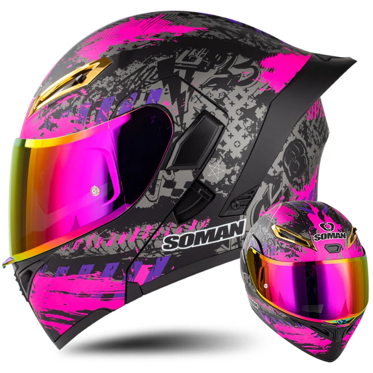 Casco Modulare Moto con Doppia Visiera REVO Lente a Colori Casco Moto Integrale Omologato ECE con Visiera Doppia AntiGraffio Caschi Moto Modulari Uomo e Donna,Purple-M(57~58cm)