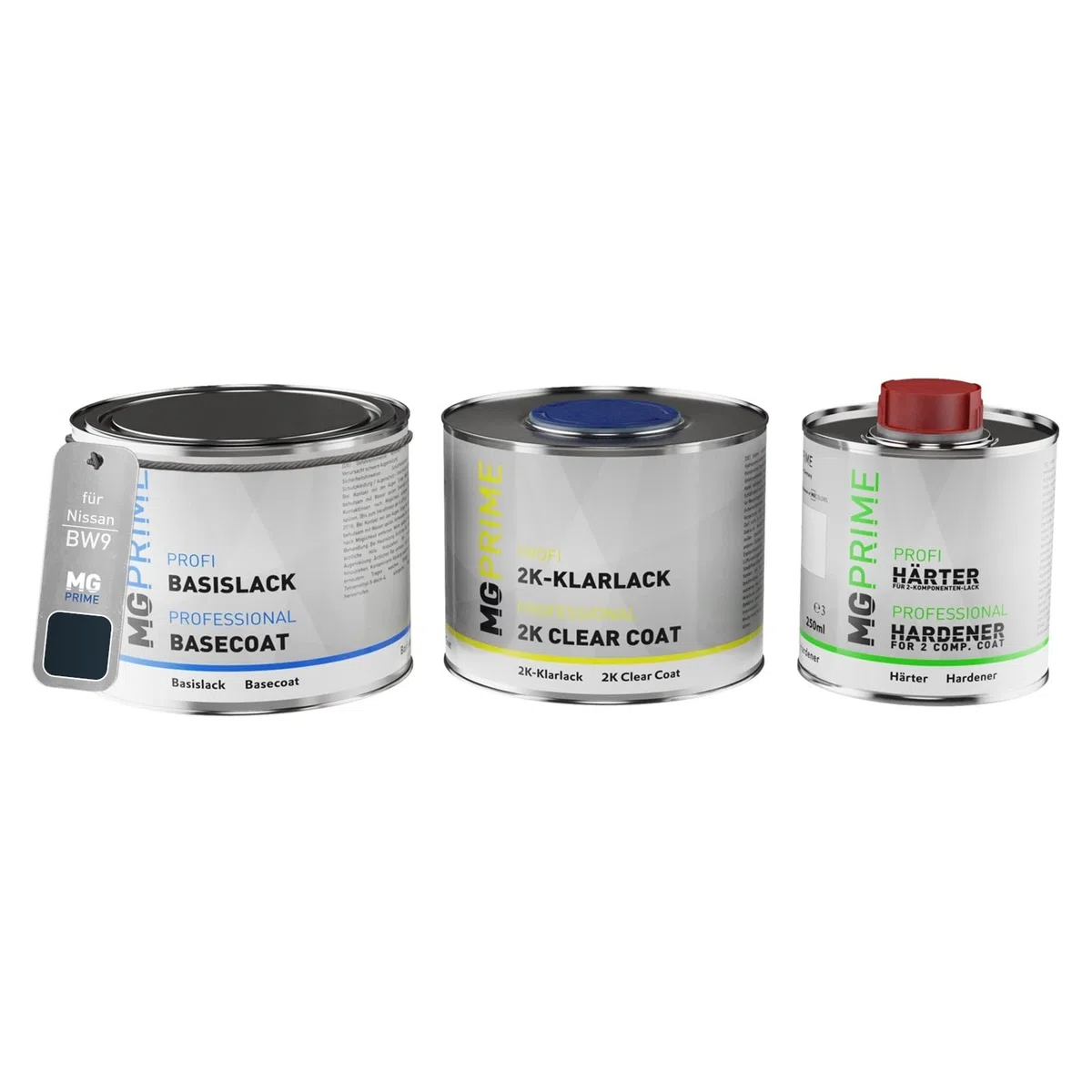 MG PRIME Barattoli di Vernice per auto per Nissan BW9 Dark Blue Pearl 1,25L | Blue Odyssey Pearl, Kit vernice di base + trasparente 2K + indurente, pronto all'uso
