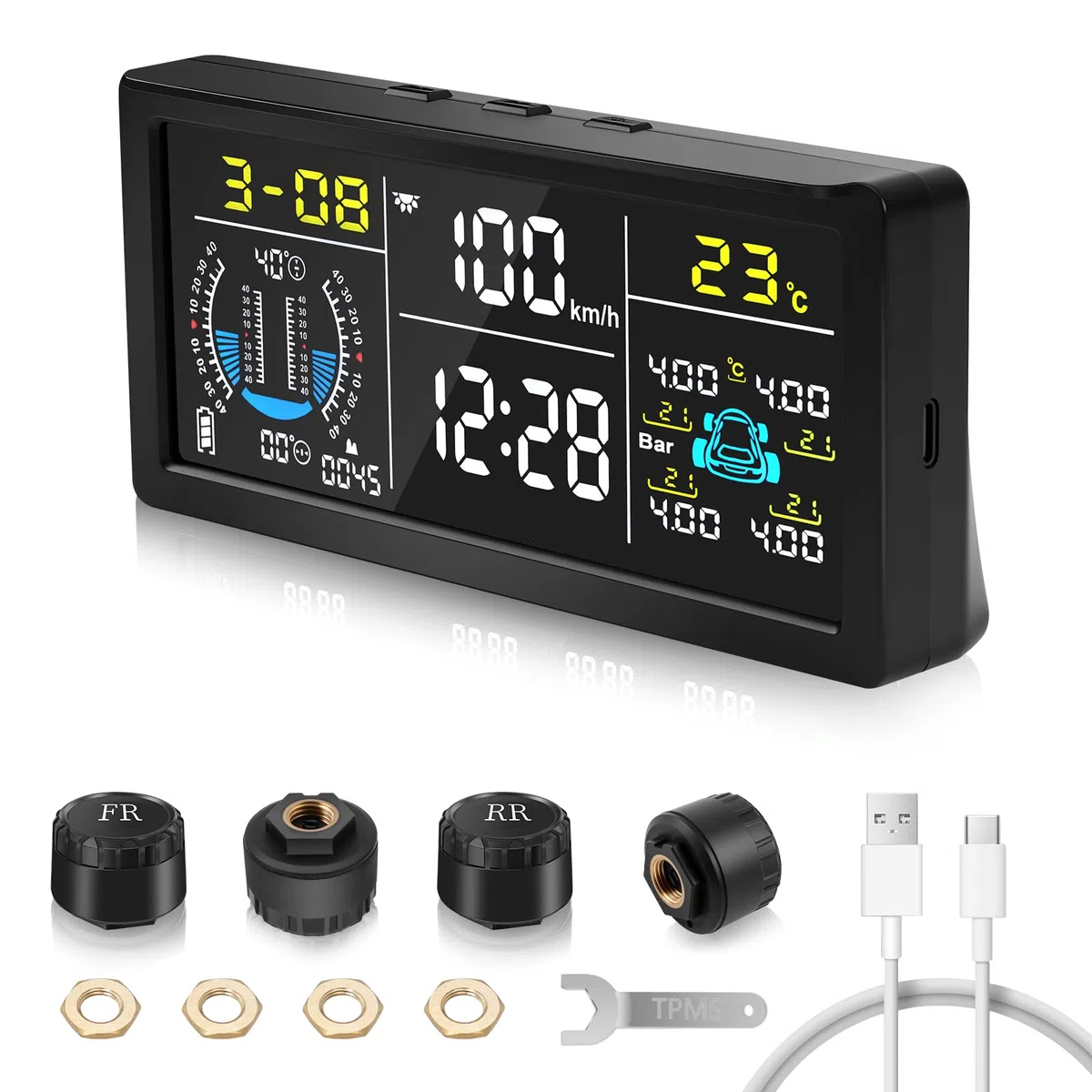 Sistema di Monitoraggio della Pressione dei Pneumatici 0-199 Psi | Monitor Wireless A Energia Solare Con Indicazione Di Pendenza/Velocità/Altitudine/Ora, 4 Sensori, 6 Modalità Di Allarme