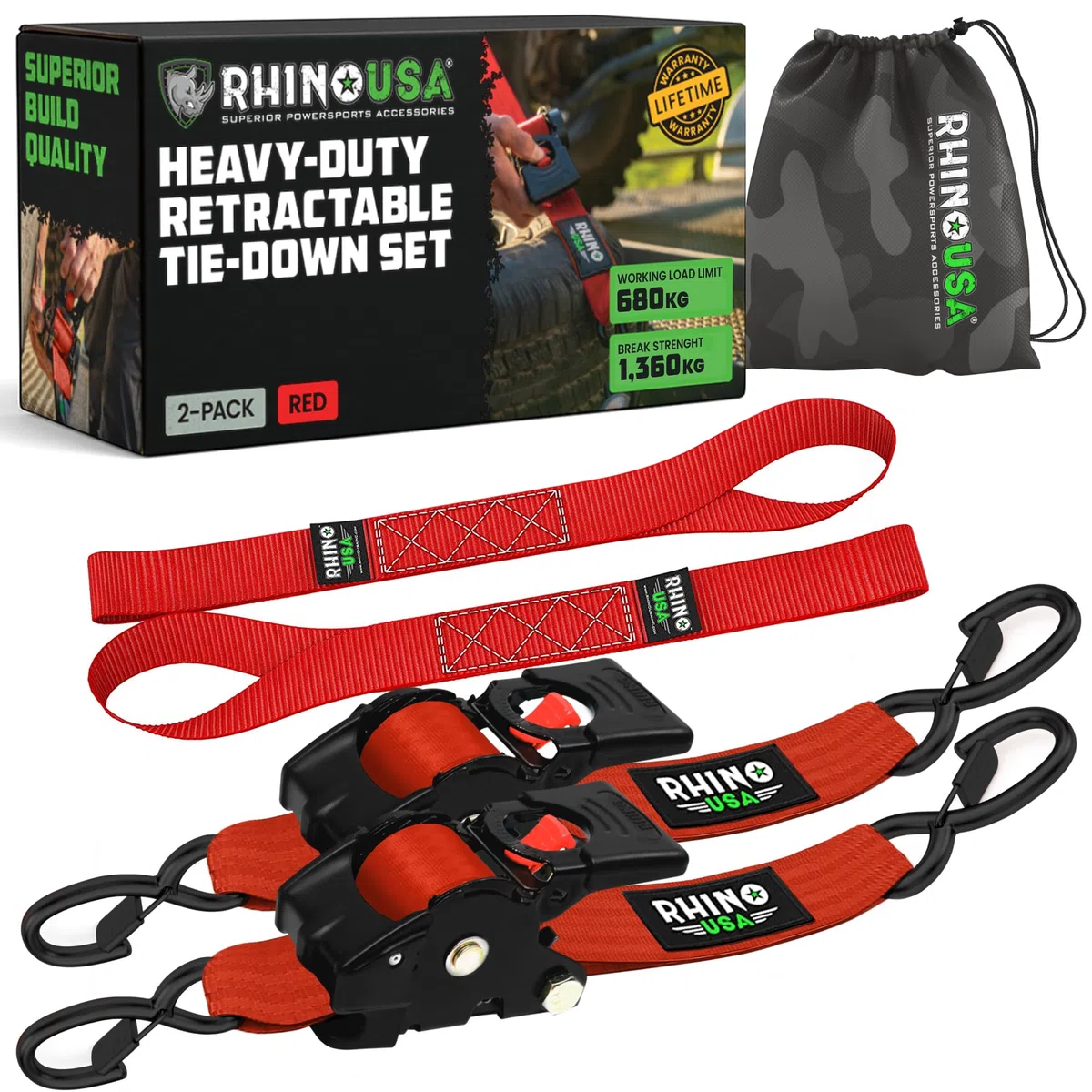 Rhino USA Cinghie di tensione retrattili con cricchetto da (confezione da 2) -1360 kg di carico di rottura, incluse (2) automatiche ultimate da 5.0 cm x 3 m con maniglie imbottite - Rossa