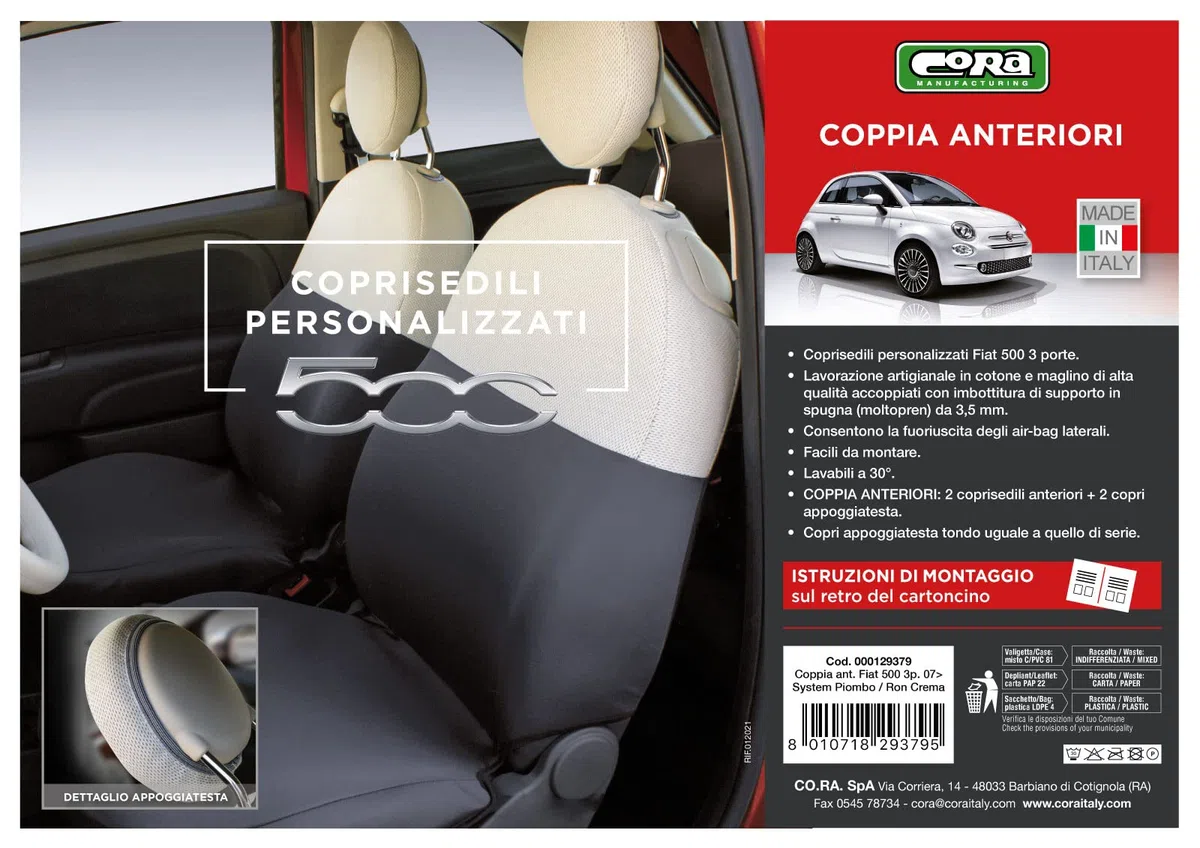 CORA Coprisedili anteriori personalizzati Fiat 500 07> grigio/panna