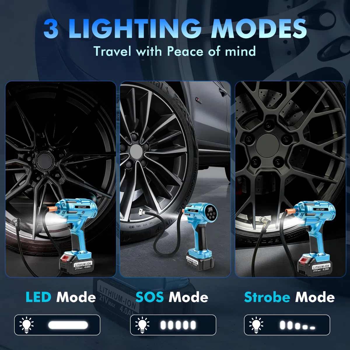 Compressore Portatile per Auto 150PSI, 800W Potente Compressore a Batteria 21V 4,0Ah, Valori Preimpostati, Luce LED & Display LED, per Auto Moto Biciclette Monopattini o Palloni