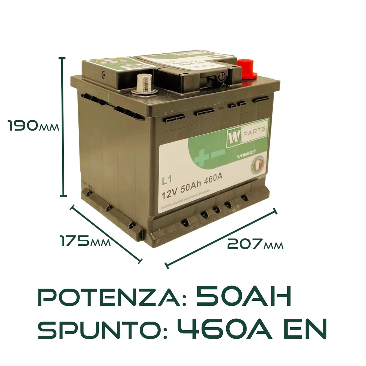 BATTERIA AUTO 50 Ah - 460A | Garanzia Italia | 207x175x190 | 54Ah | L150+ 50Ah