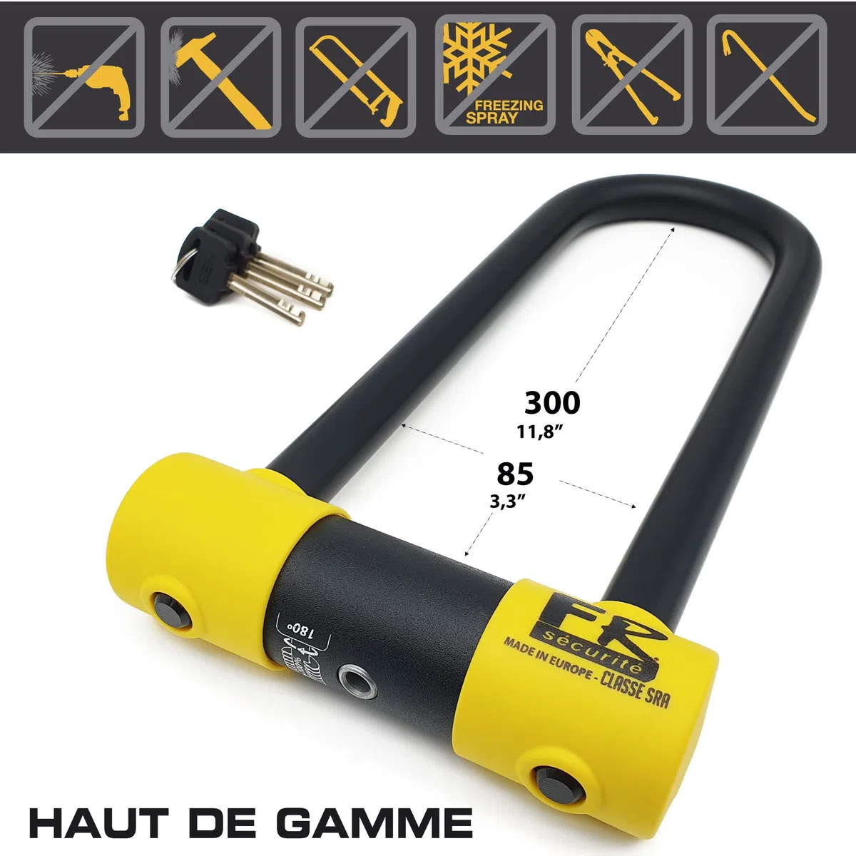 FR SECURITE FR85300 Lucchetto a U Alta Sicurezza Omologato SRA, Arco ø18 Acciaio Temperato Doppio Blocco Antigraffio, Serratura Antistrappo, U-lock Antifurto 85x300mm per Moto, Scooter, Bici