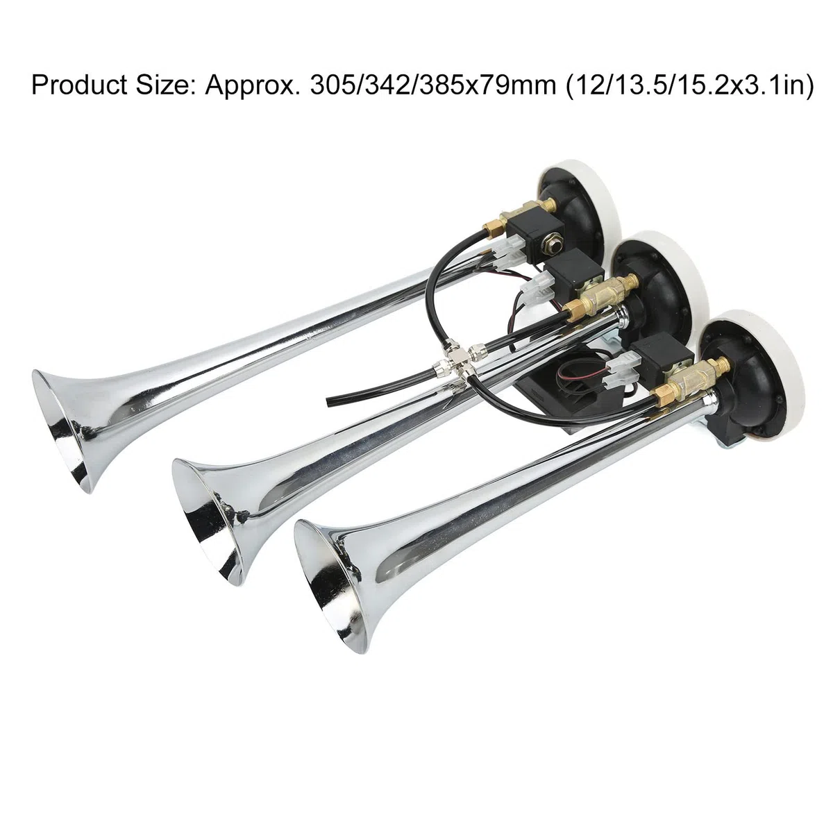 Tromba Ad Aria Compressa a 3 Trombe in Lega di Alluminio Aramox, 6 Melodie Cromate 305/342/385x79mm DC12V/24V, Adatta per Auto Club, Camion, Yacht