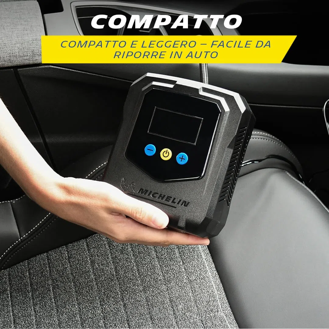 MICHELIN 009541 Mini Compressore d’Aria 12V – Portata 20L al minuto – Gonfiatore per Pneumatici Auto – Pressione Programmabile 8 BAR 138W – Attacco a Connessione Rapida – 3 Adattatori