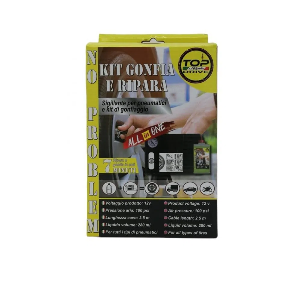 KIT GONFIA E RIPARA GOMME PER AUTO MOTO SCOOTER BICI QUAD COMPATIBILE CON RENAULT GRAND KANGOO RIPARAZIONE PNEUMATICI PORTATILE EMERGENZA STRADALE SOLUZIONE CON 1 FLACONE DA 280ML
