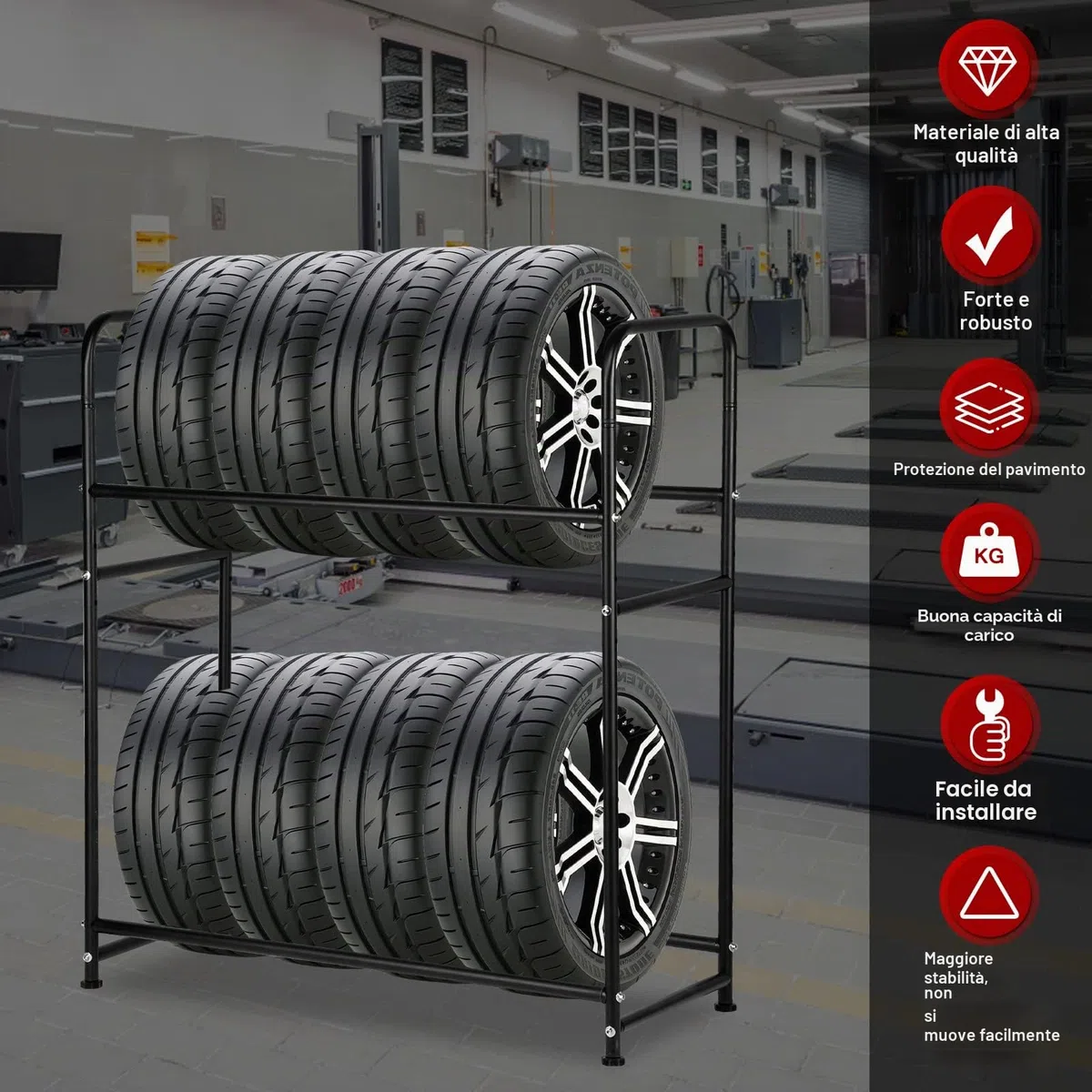 Supporto per 8 Pneumatici, Supporto per Gomme 107 x 46 x 117 cm, Supporto per Cerchi per Pneumatici Auto, Capacità di Carico 180 kg, Supporto per Cerchi con Copertura Protettiva, Regolabile in