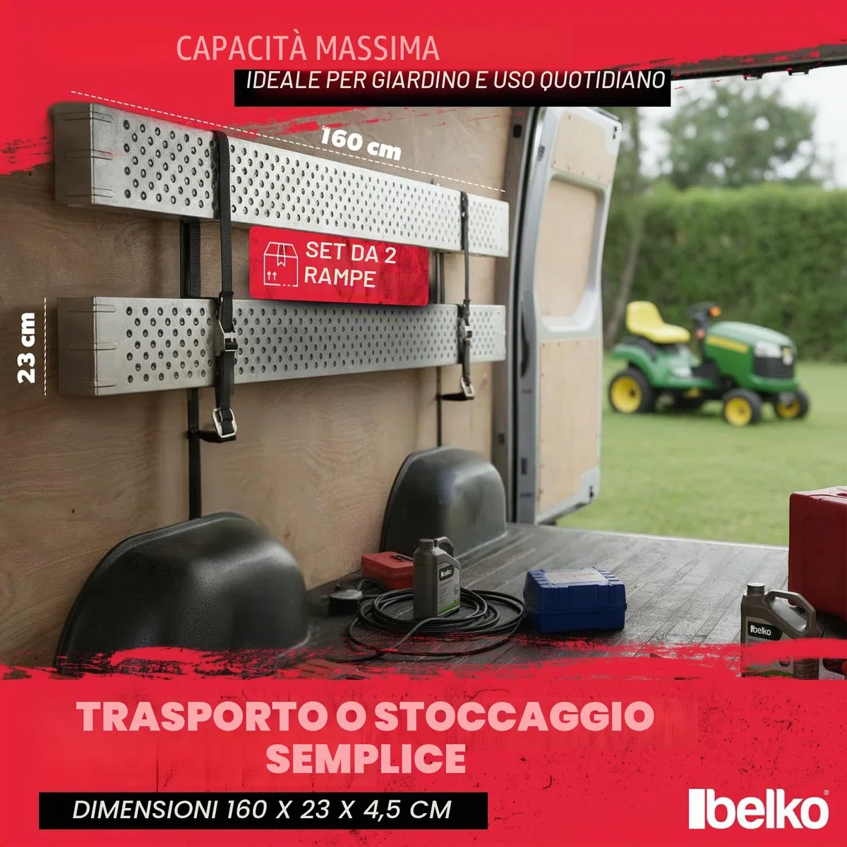 Belko 2 rampe di carico 400 kg, portata 160 x 23 cm, non pieghevoli, in acciaio zincato, antiscivolo, perforate, per auto, moto, quad, ATV, rimorchio, rampa di carico
