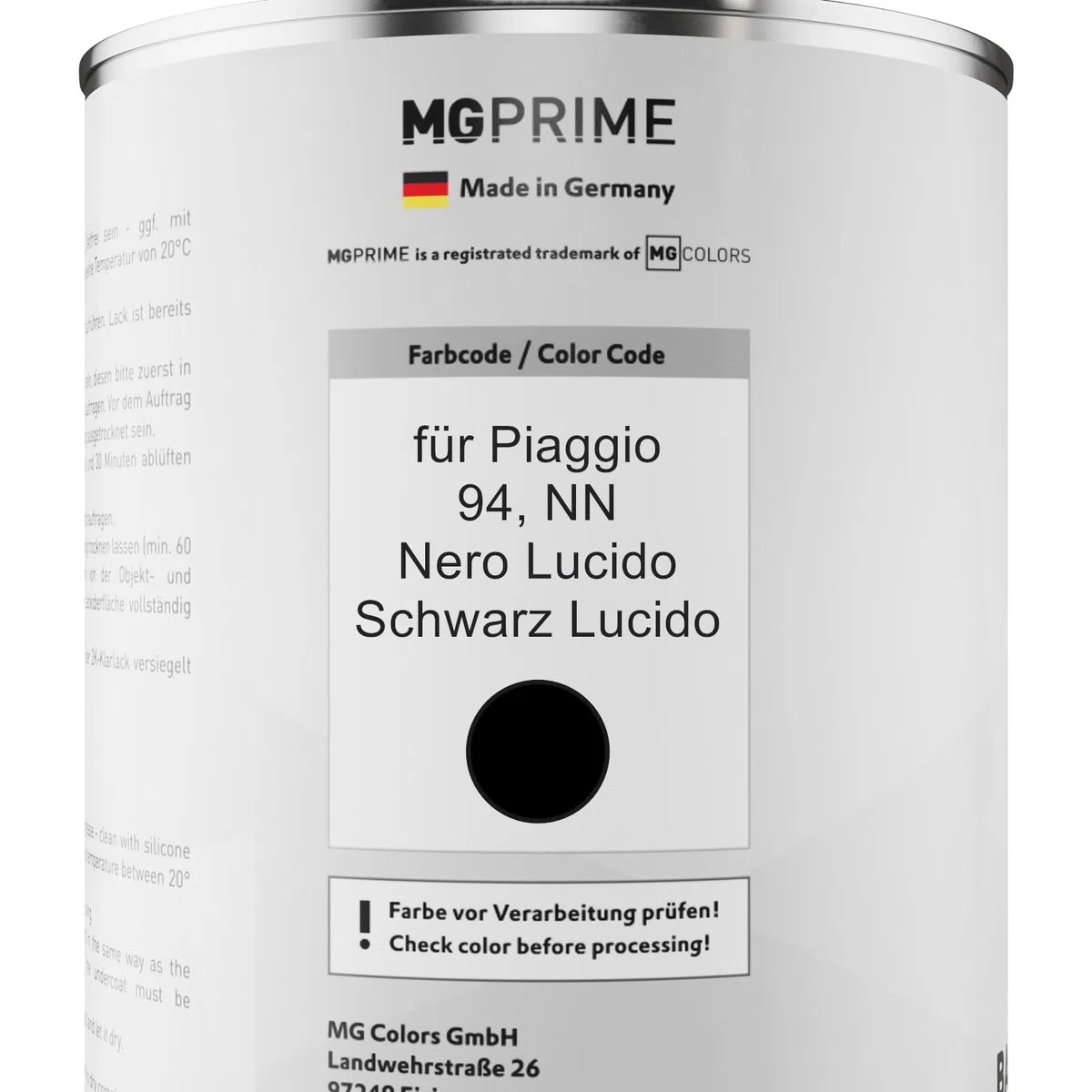 MG PRIME Barattoli di Vernice per auto per Piaggio 94 / NN Nero Lucido 2,5L | Schwarz Lucido, Kit vernice di base + trasparente 2K + indurente, pronto all'uso