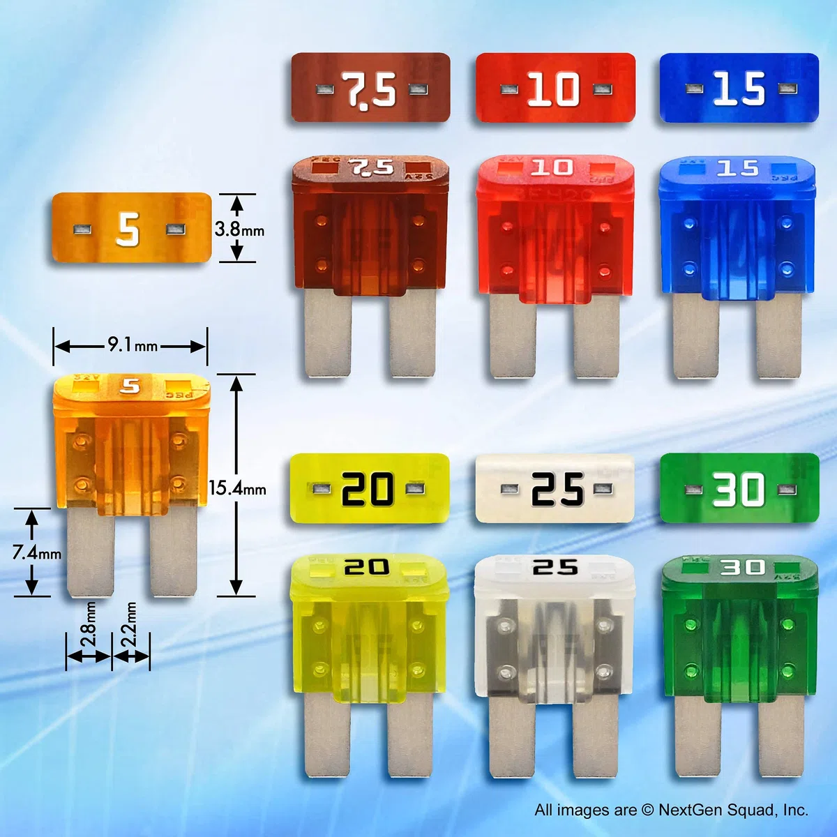 Micro2 APT ATR - Set di 50 fusibili per auto, assortimento di guanti, accessori per auto (49 fusibili a lama + estrattore di fusibili) 5A 7,5A 10A 15A 20A 25A 30A