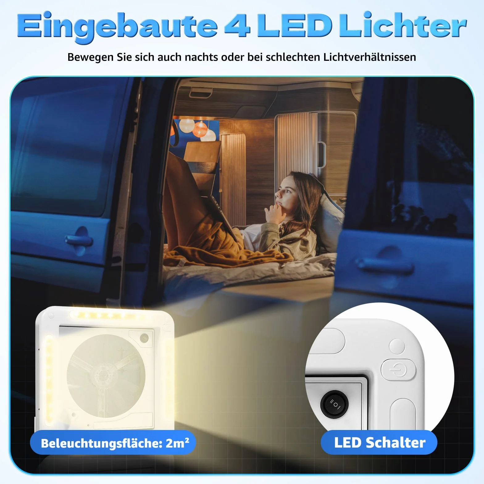 Camper lucernario, ventilazione insonorizzata con LED, 36 x 36 cm, ventilazione per camper, flusso d'aria 5 – 35 m³/min, IP68, impermeabile, per camper con dimensioni di apertura 11,02 x