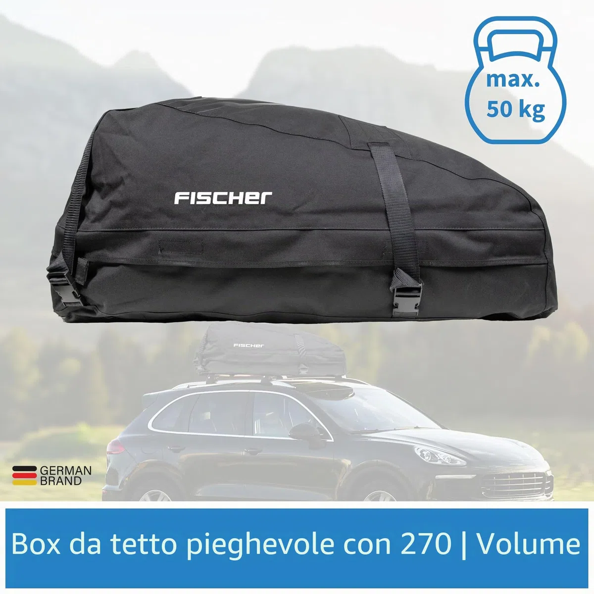 Fischer, box da tetto pieghevole, altamente stabile, idrorepellente, 270 l, con custodia, 126000