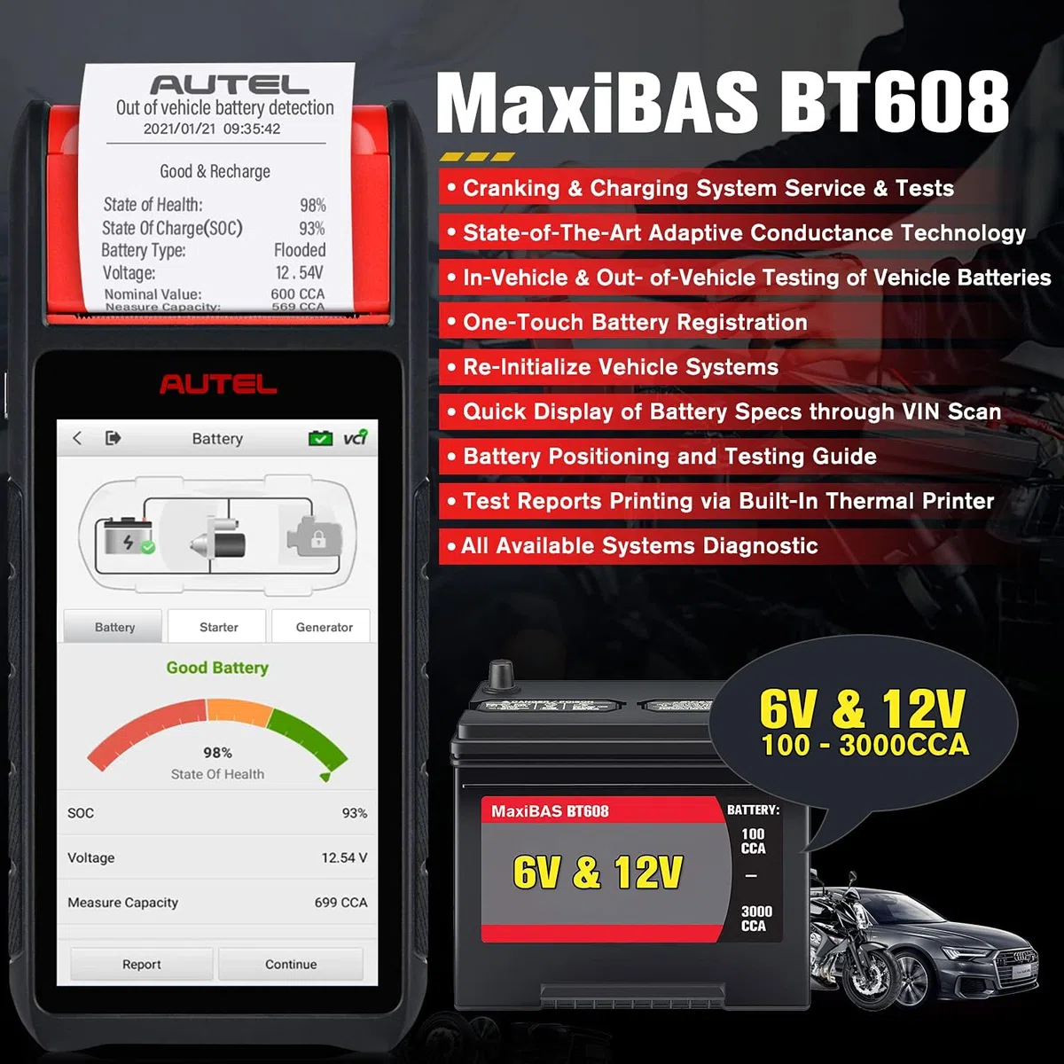 Autel MaxiBAS BT608 (E) Tester Batteria Auto, 2026 in su di BT508/BT506, Conduttanza Adattiva (Valore 1000+), Test Carica Avviamento come BT609, Reset Batteria, Sistemi Completi MK808S/MX808S