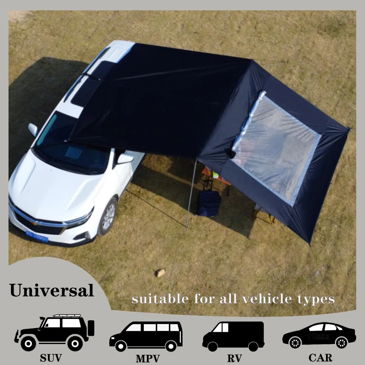 Tenda da Campeggio 3x5 per Van Caravan Portico Impermeabile e Antisole Abside Tende da Sole per Porta Posteriore Tarp da Campeggio con Palo (Nero, 3x5m)