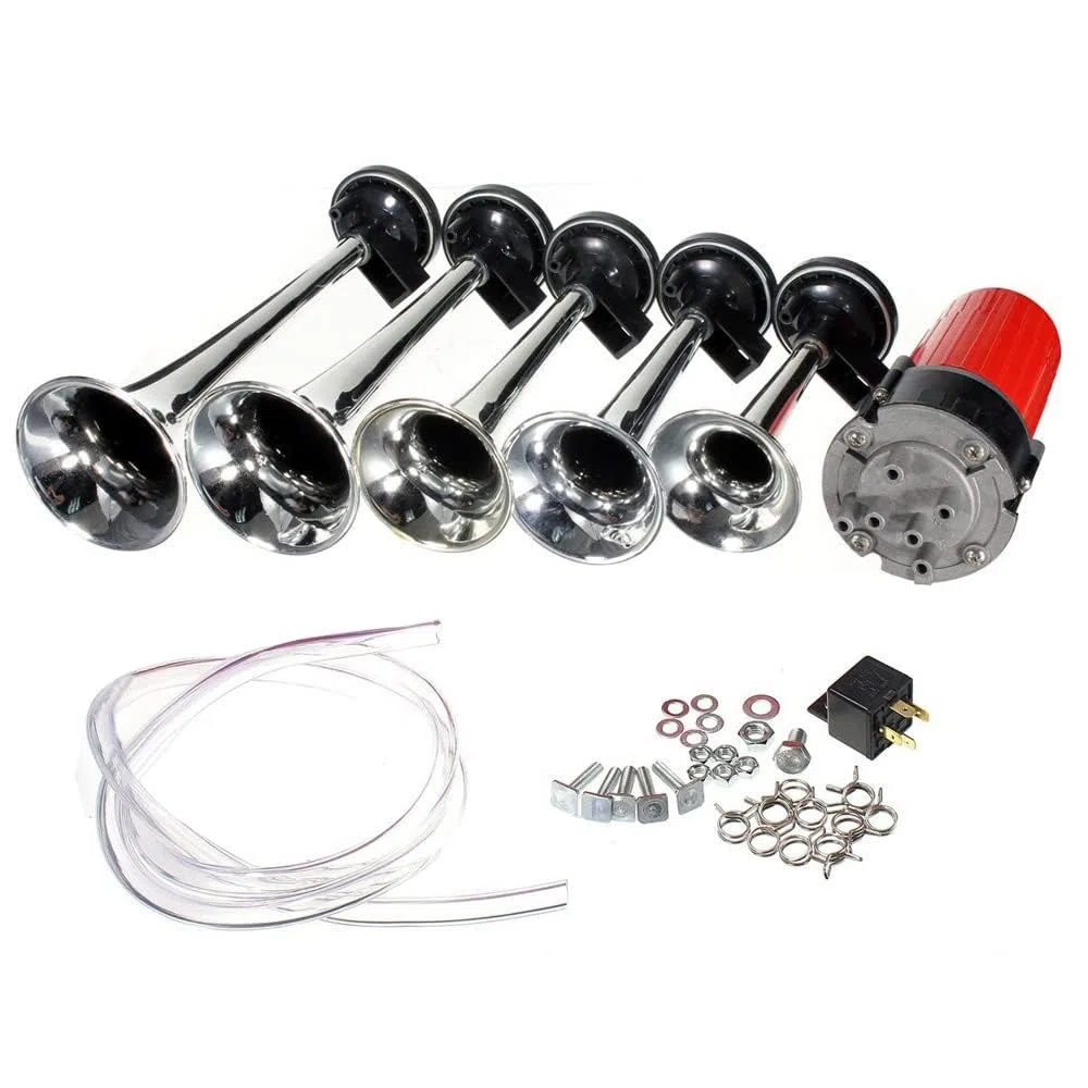 Dixie, kit di 5 clacson musicali da 12 V, 125 dB, 5 potenti trombe super forti con compressore per qualsiasi veicolo da 12 V, auto, camion, barche (argento)