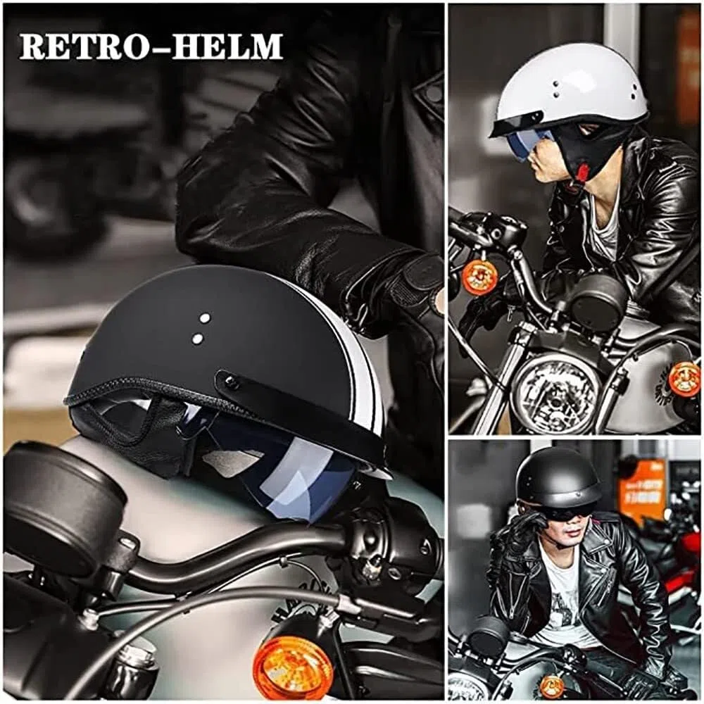 Mezzo Casco Jet Caschi Moto Retrò Casco Scodella Portatile, ECE Omologato Mezzo Elmetto da Moto Retrò con Pare-soleil Rétractable per Uomo Donna Biker Cruiser Scooter Touring(2,M(57~58CM))