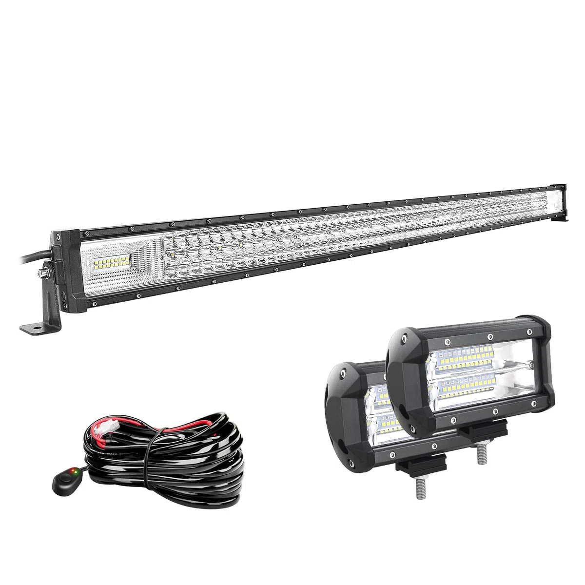 Willpower Barra LED 132cm 52 Pollici 675W + Fari LED 13cm 5 Pollici 72W + Cablaggio 12V 24V Faretti LED Faro da Lavoro LED Barra Luci LED per Fuoristrada Auto Trattore Camion 4x4 Barca ATV