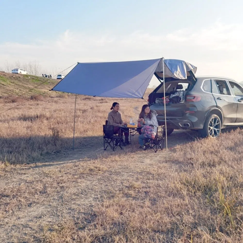 Tenda impermeabile per portellone posteriore di SUV, tenda da campeggio per auto, 440 x 200 cm, in tessuto Oxford, con pali per viaggi su strada (grigio, 440 x 200 cm)
