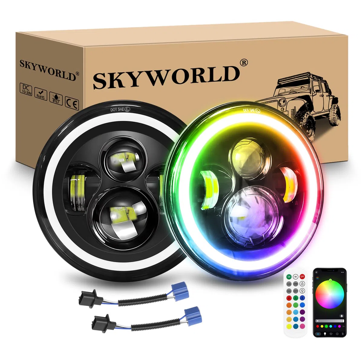 SKYWORLD 7 Pollici Rotonda Fari Led auto moto, 50W 5000LM Faro a LED Bianco RGB 4 modalità di Illuminazione Off Road Lights Fire Cross Hi/Lo Fascio Fari anteriori per Wrangler JK TJ LJ CJ Hummer