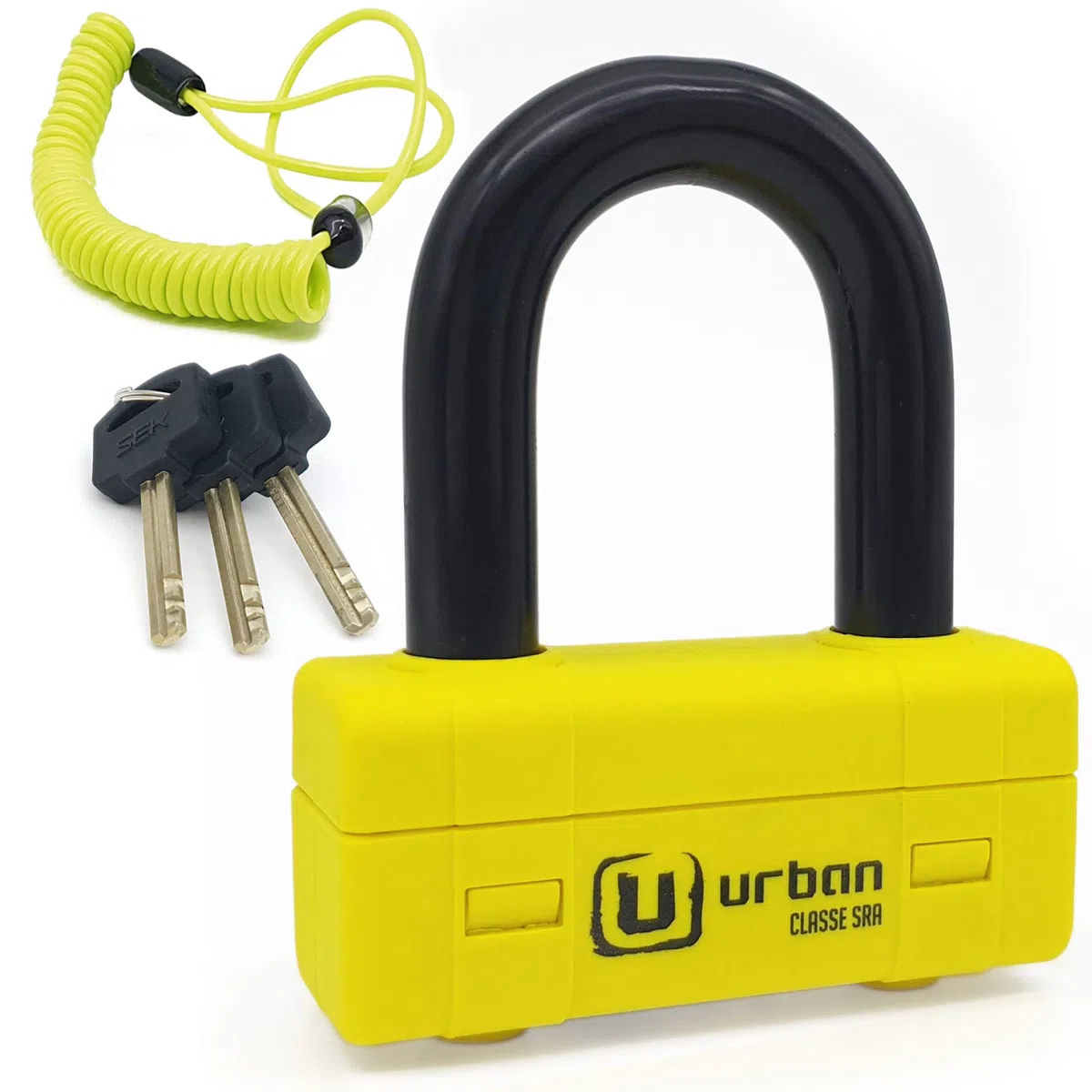 URBAN UR75 Antifurto Bloccadisco Moto Mini U Testato Massima Sicurezza, Omologato SRA, Arco in Acciaio Cementato ø18 con Doppia Chiusura, Più Versatile e Deterrente, Cavo Promemoria, Lucchetto Moto