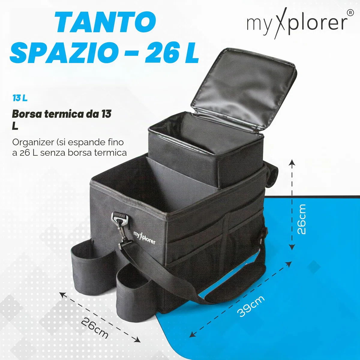 Organizzatore per sedile anteriore per furgone e auto con sacchetto termico, vano portaoggetti multi-scomparto, cinghia di trasporto imbottita, clip antiscivolo, 26 L (nero)