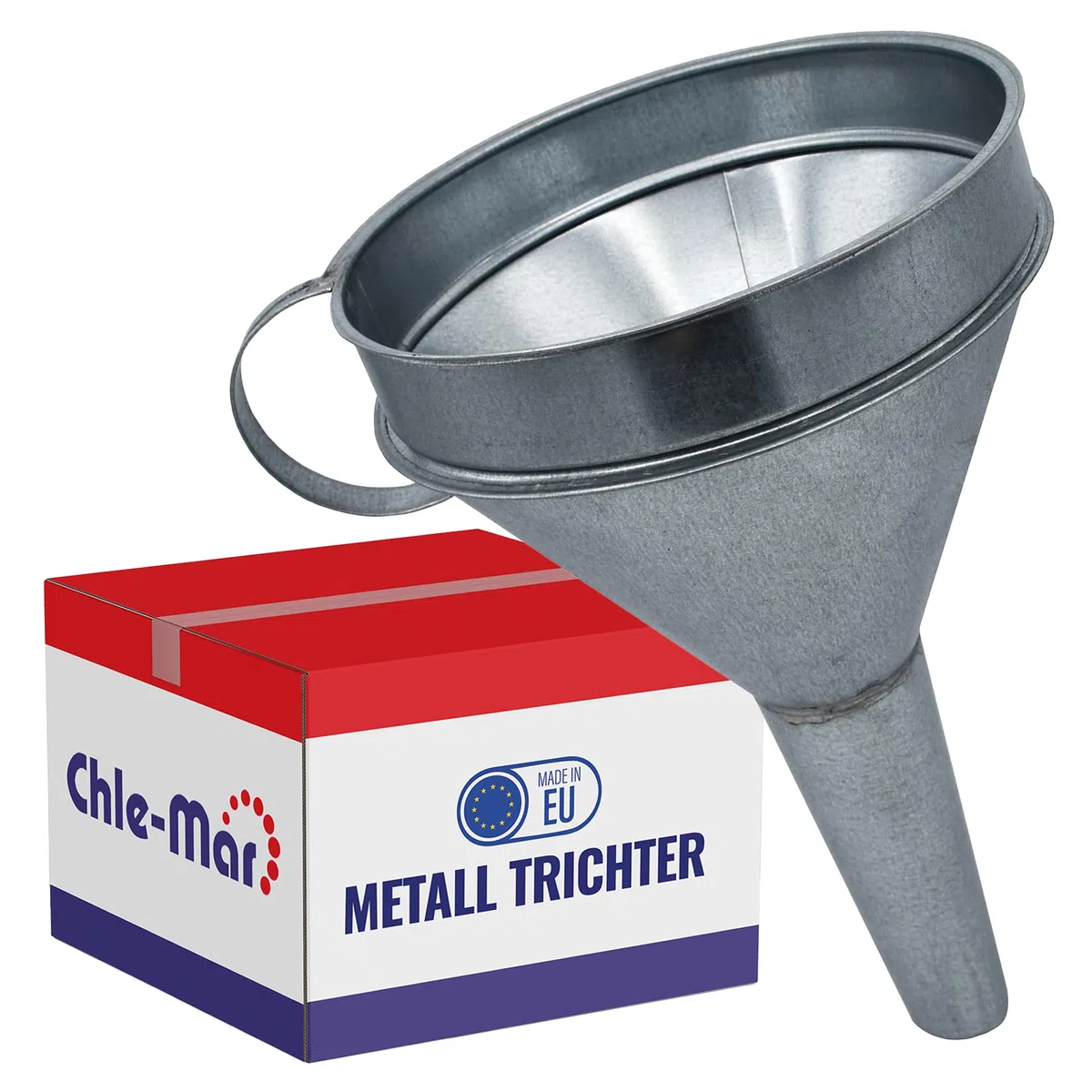 Chle-Mar - Imbuto in metallo per benzina con filtro | Imbuto per olio Auto & veicoli a motore grande | Robusto imbuto in metallo con manico per benzina, olio motore e liquidi tecnici | Grande imbuto