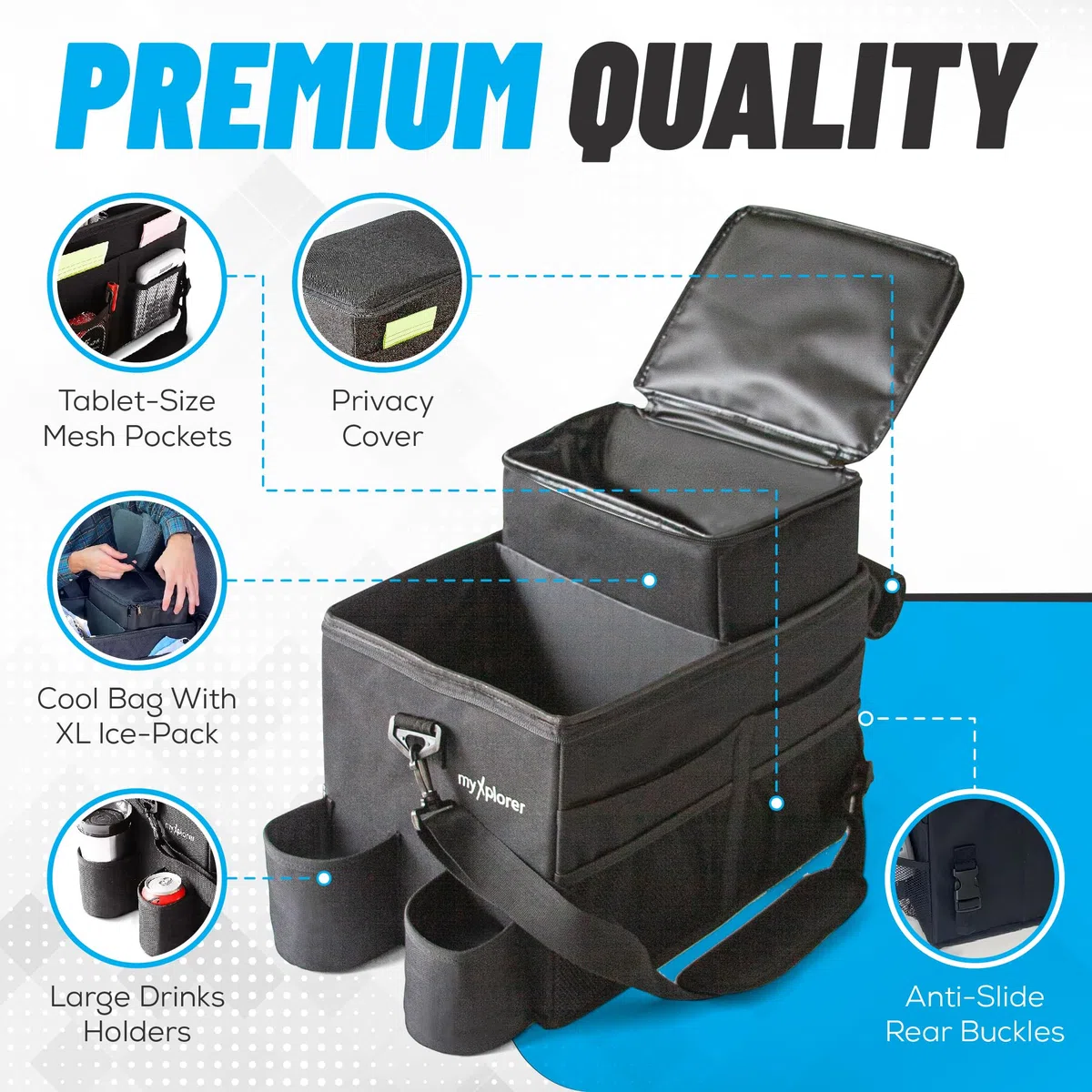 Organizzatore per sedile anteriore per furgone e auto con sacchetto termico, vano portaoggetti multi-scomparto, cinghia di trasporto imbottita, clip antiscivolo, 26 L (nero)