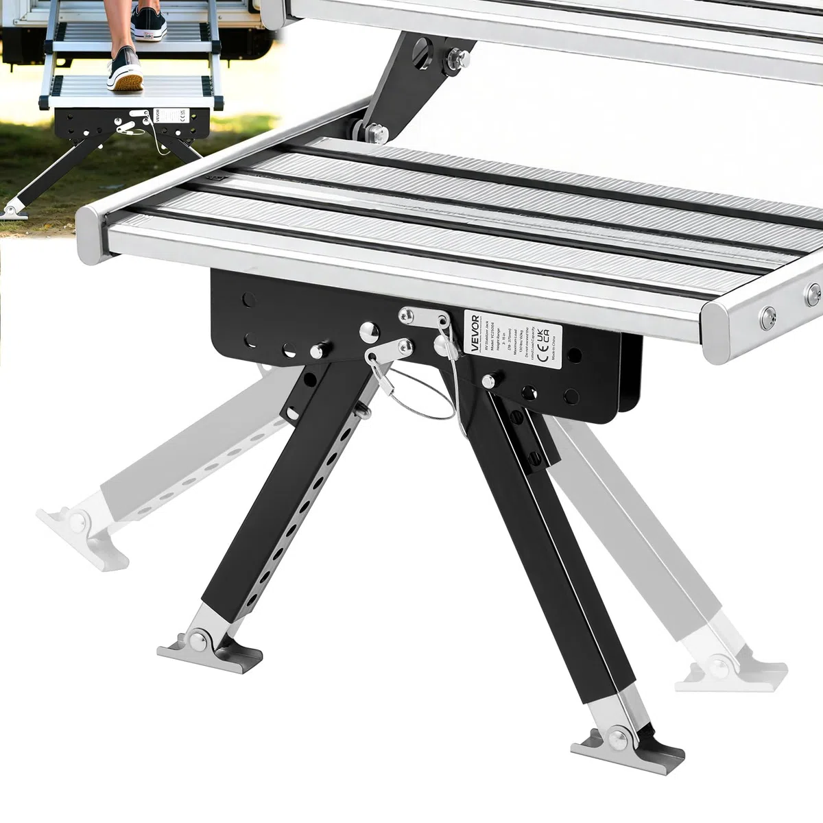 VEVOR Stabilizzatore per Gradini RV Set di Supporto per Gradini Regolabile in Altezza, per Scale in Acciaio Verniciato a Polvere per Roulotte, Rimorchi e Camper, Regolabile da 76,2 a 381 mm