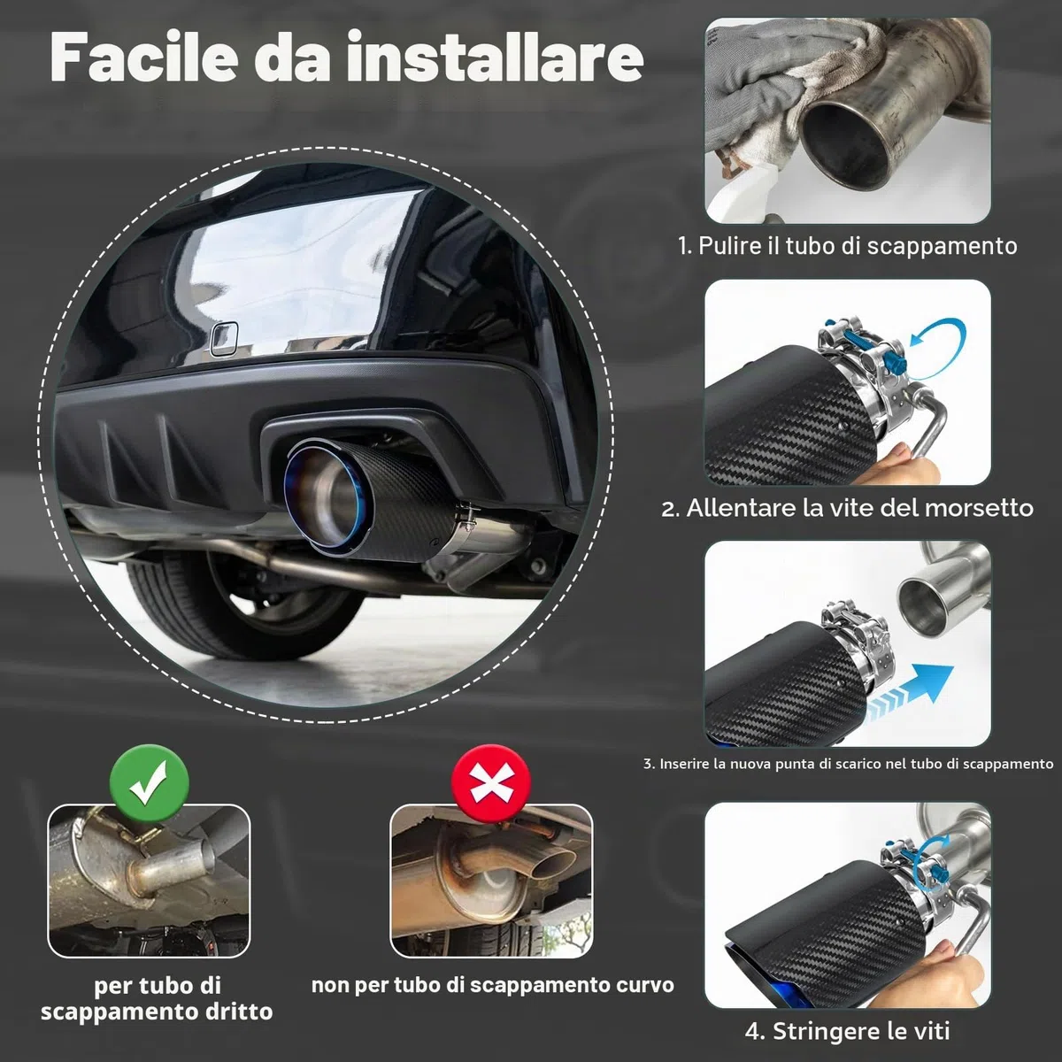 Catekro 54mm Terminale Scarico Auto Universale, Uscita Scarico, Blu Nero | in Acciaio Inox 304 & Fibra di Carbonio Tubo Terminale Marmitta Sportivo Fissare con Bulloni Chiave Inclusa