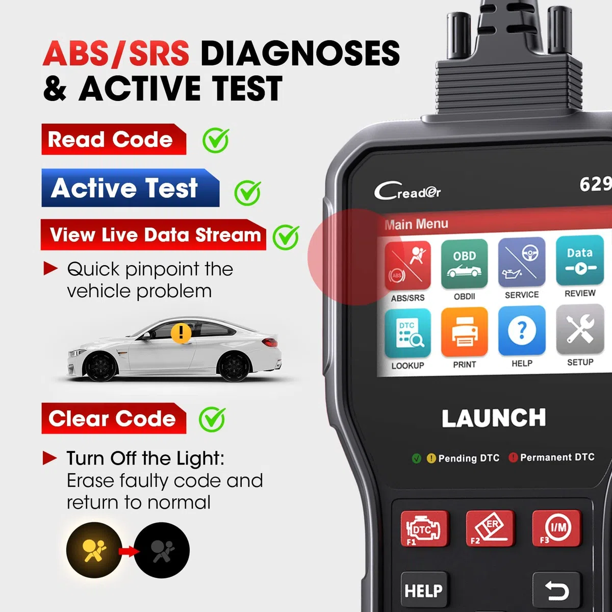 LAUNCH CR629 OBD2 Auto Diagnostica ABS SRS Test Attivo Reset Olio SAS BMS | Diagnostica ABS/SRS e test attivo, 3 reset, funzioni OBD2 complete, ampia compatibilità, 8 lingue