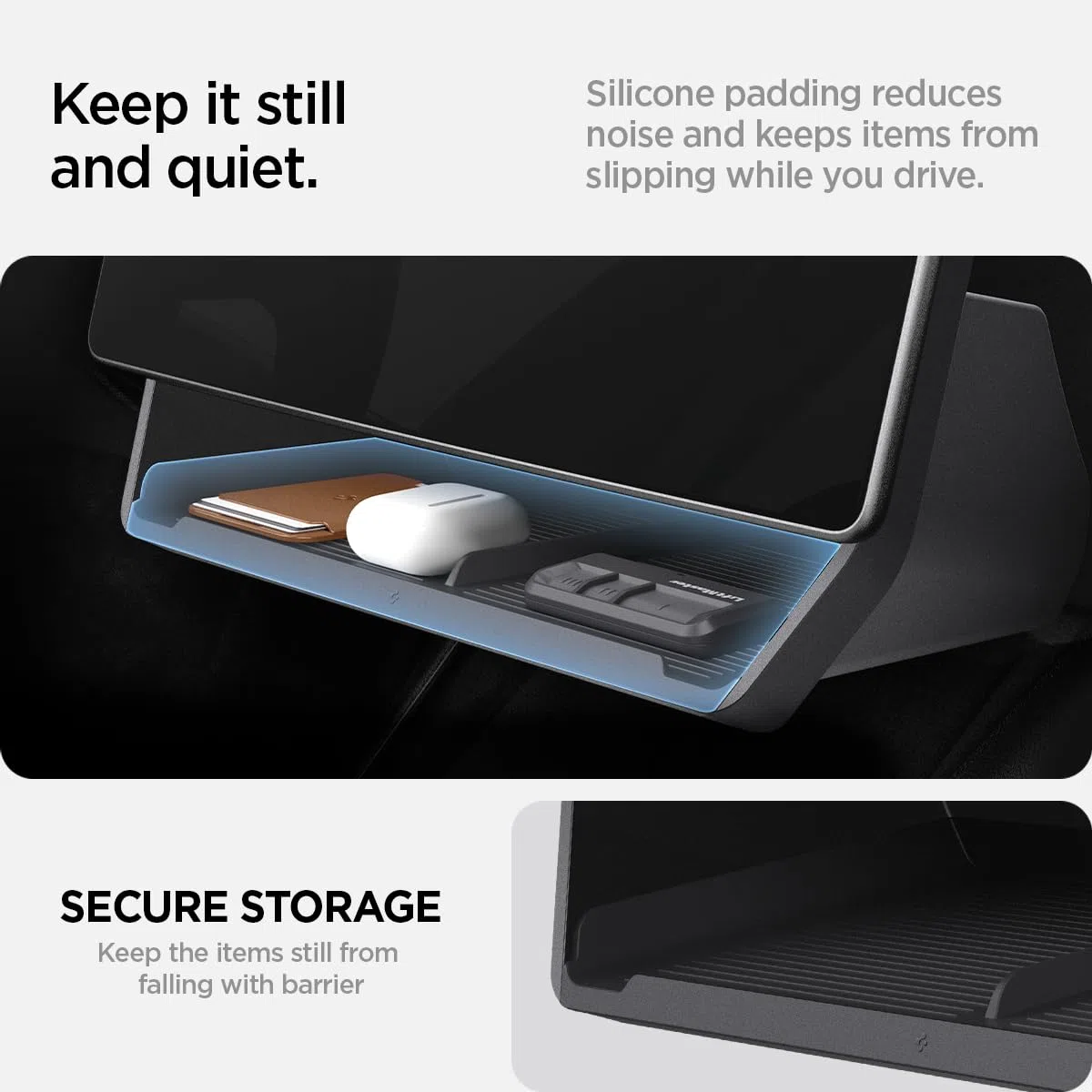 Spigen Tesla Model 3 Highland 2024-26 Model Y Juniper 2025 2026 Organizer Sotto Schermo, Installazione con un Tocco, Organizzatore Portaoggetti, Accessori Tesla - Nero