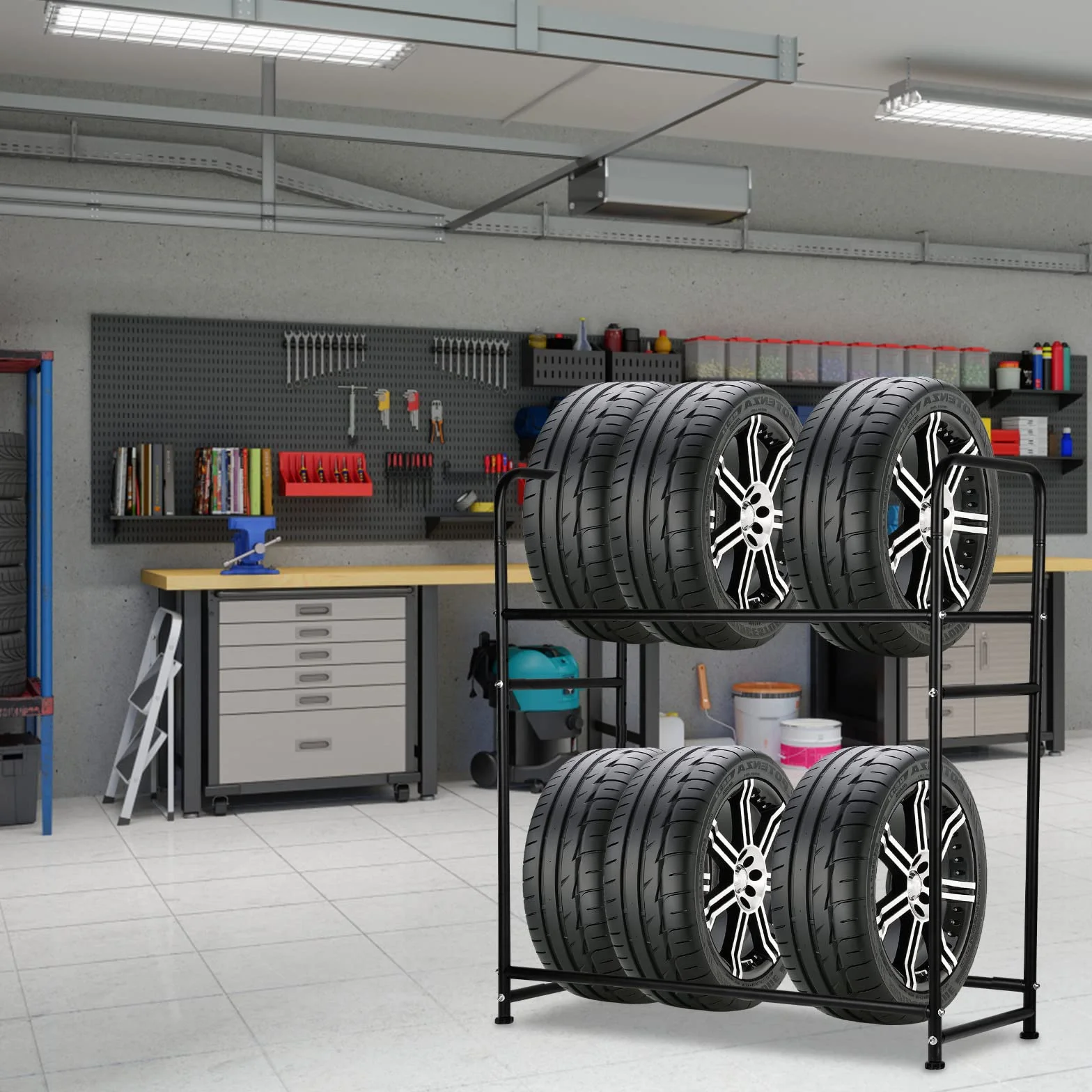 Supporto per 8 Pneumatici, Supporto per Gomme 107 x 46 x 117 cm, Supporto per Cerchi per Pneumatici Auto, Capacità di Carico 180 kg, Supporto per Cerchi con Copertura Protettiva, Regolabile in