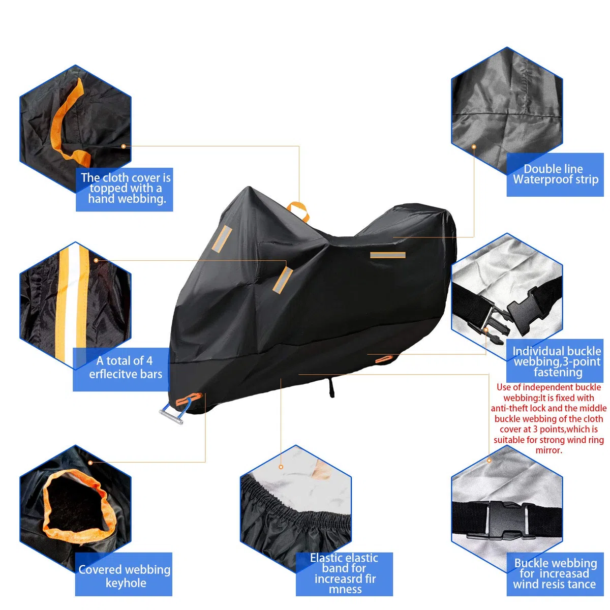 300D Telo Moto Coprimoto, Addensare Telo Impermeabile Esterno per Moto/Scooter, esterno Telone Moto con 4 Strisce Riflettenti e 2 fori di bloccaggio 295 * 110 * 140cm