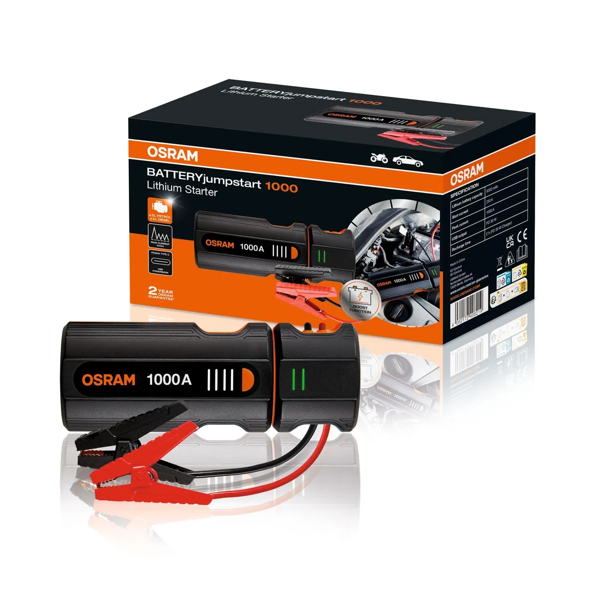 OSRAM BATTERYjumpstart 1000, power bank per avviamento di emergenza, avviatore di emergenza al litio, per veicoli a 12 V con motori benzina fino a 5,0 litri e diesel 2,0 litri