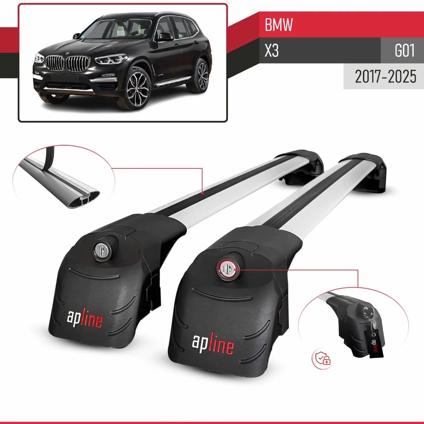 Compatibile con BMW X3 (G01) 2017-2025 Modello ACE-2 Barre Tetto Portapacchi Auto Barre Portatutto Grigio Alluminio 2 Barre