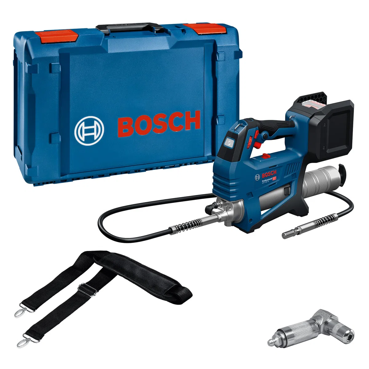 Bosch Professional 18V System Ingrassatore a batteria GFP 18V-10 (pressione di esercizio max. 10.000 psi, portata max. fino a 320 g/min., incl. accoppiatore a 90°, tracolla)