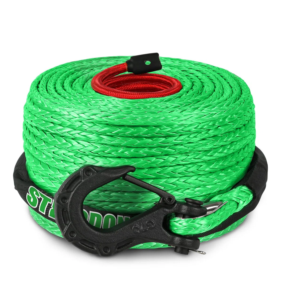 Corda sintetica per verricello Dyneema, 3/8" x 30,5 m, 10,8 kg, con gancio e manicotto di protezione, cavo di recupero per rimorchio auto, per fuoristrada, camion, SUV, Jeep (verde)