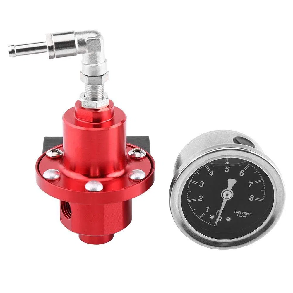 Terisass Regolatore Pressione Benzina, Regolatore di pressione del carburante Regolatore di pressione del carburante FPR regolabile per veicoli in lega di alluminio con manometro adattatore (Rosso)